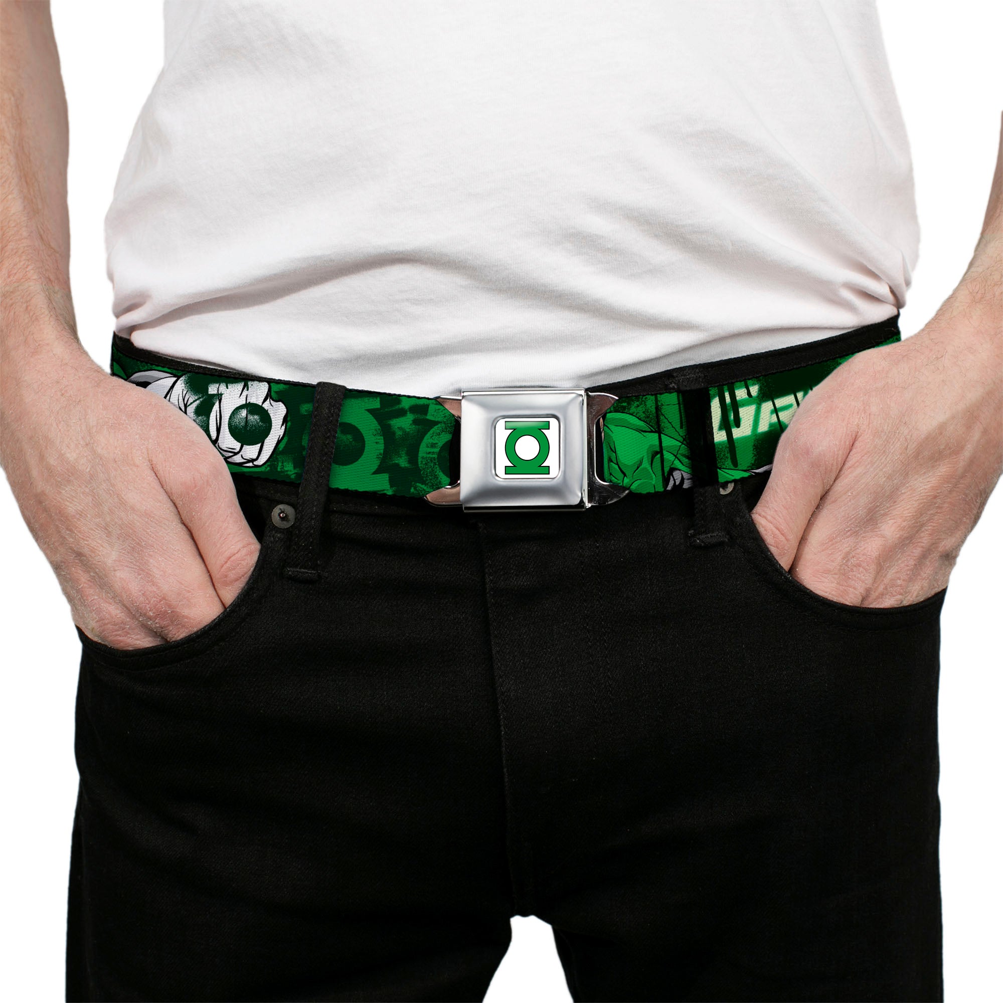 Green Lantern Logo CLOSE-UP White Green Seatbelt Belt - Green Lantern Green Glow w/Text Webbing Seatbelt Belts DC Comics