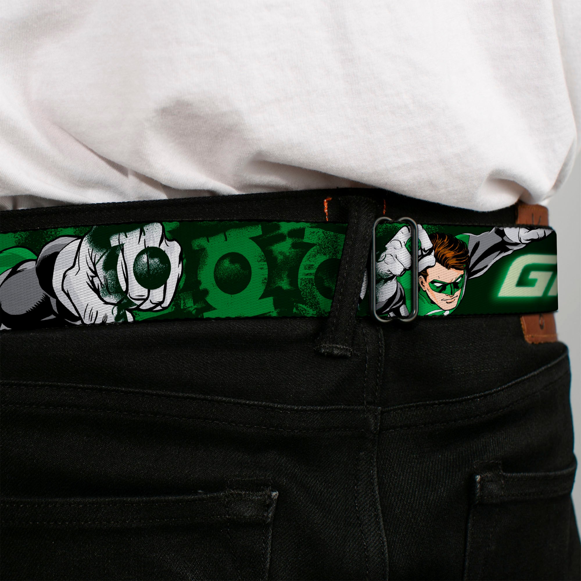 Green Lantern Logo CLOSE-UP White Green Seatbelt Belt - Green Lantern Green Glow w/Text Webbing Seatbelt Belts DC Comics