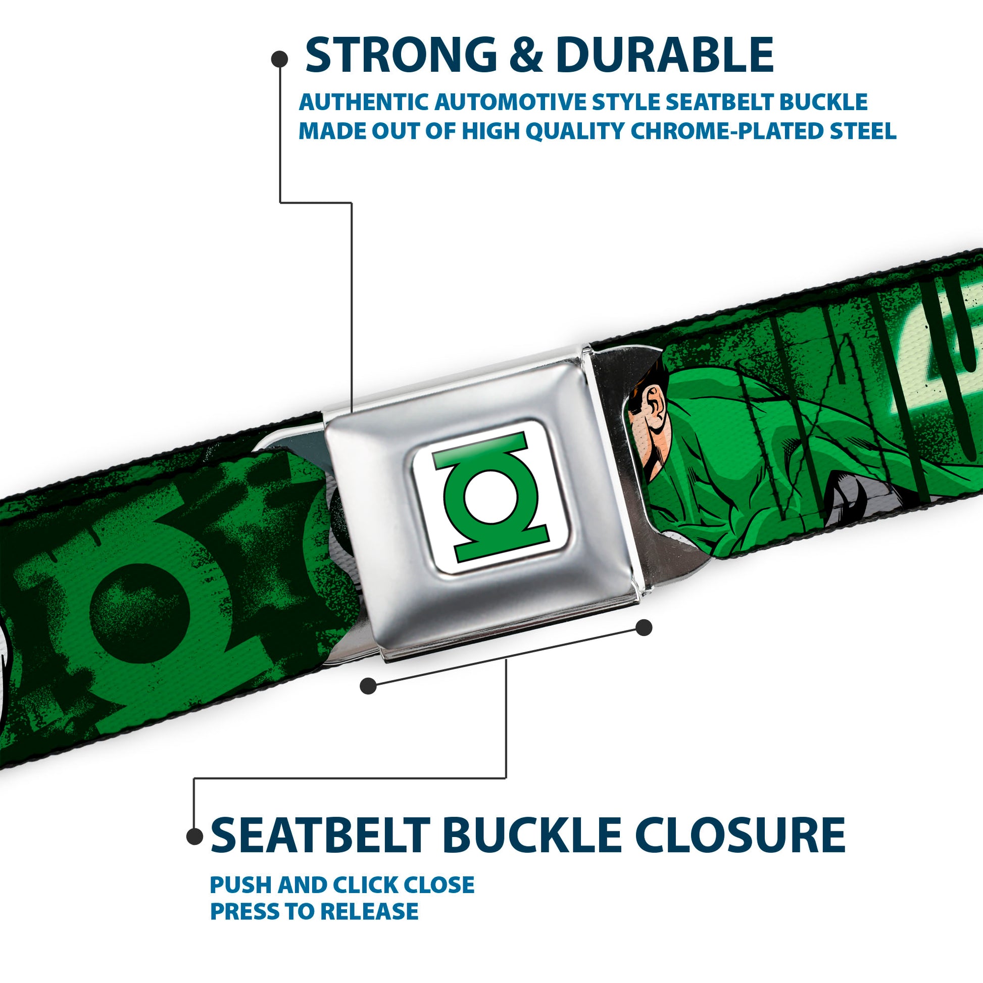 Green Lantern Logo CLOSE-UP White Green Seatbelt Belt - Green Lantern Green Glow w/Text Webbing Seatbelt Belts DC Comics