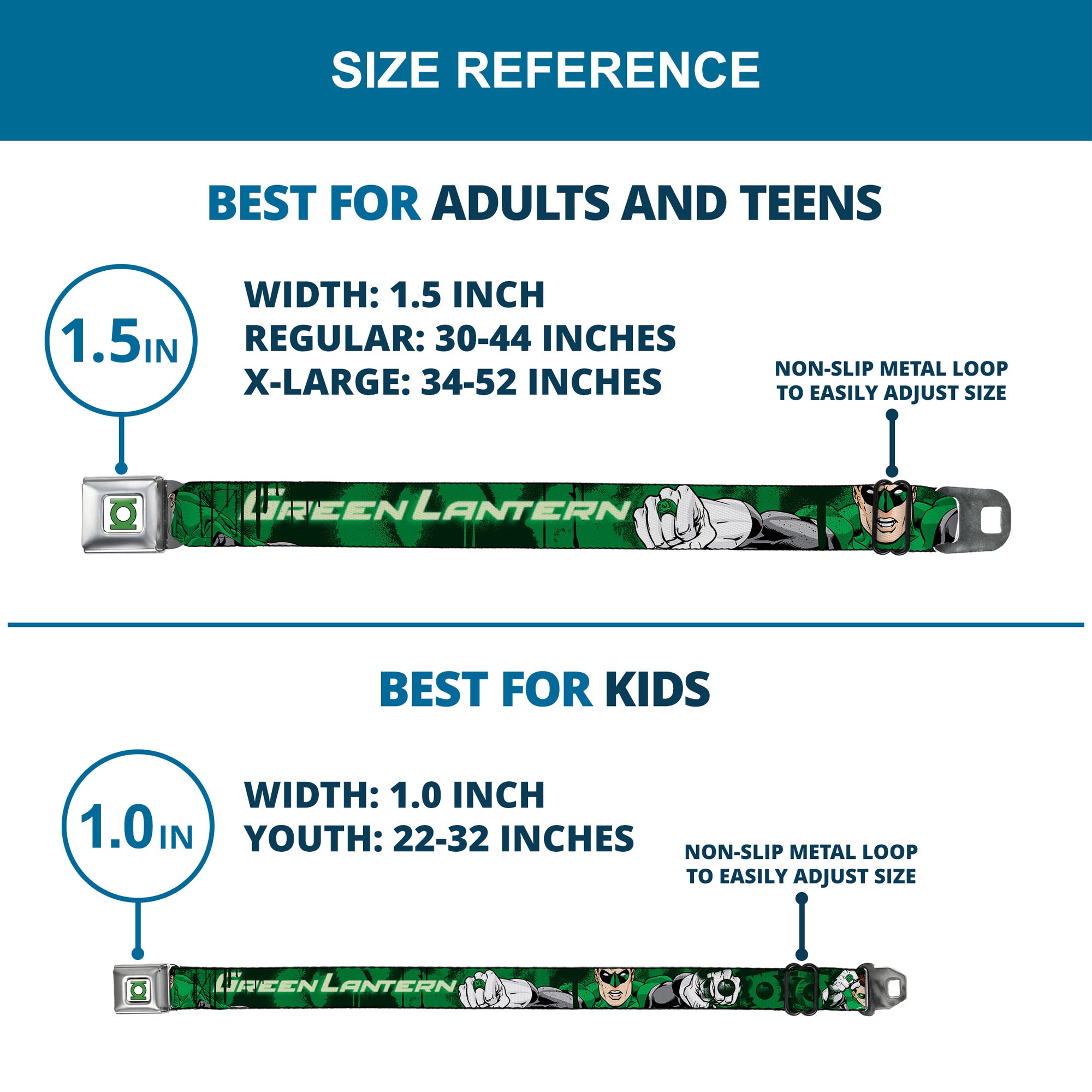 Green Lantern Logo CLOSE-UP White Green Seatbelt Belt - Green Lantern Green Glow w/Text Webbing Seatbelt Belts DC Comics