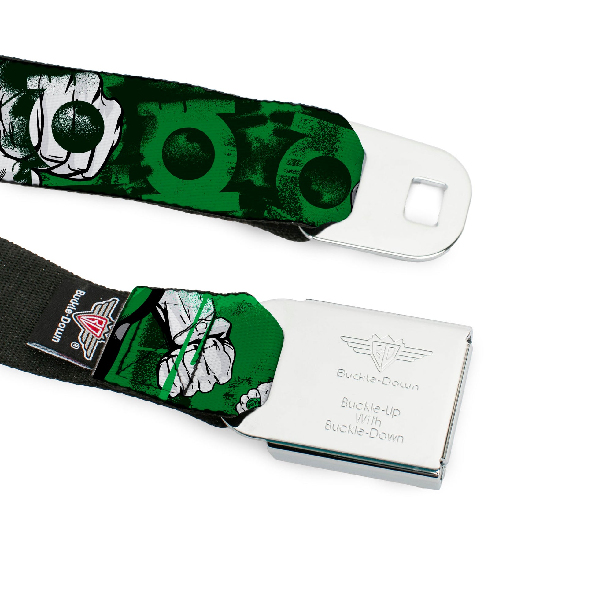 Green Lantern Logo CLOSE-UP White Green Seatbelt Belt - Green Lantern Green Glow w/Text Webbing Seatbelt Belts DC Comics