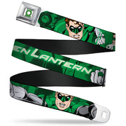 Green Lantern Logo CLOSE-UP White Green Seatbelt Belt - Green Lantern Green Glow w/Text Webbing Seatbelt Belts DC Comics