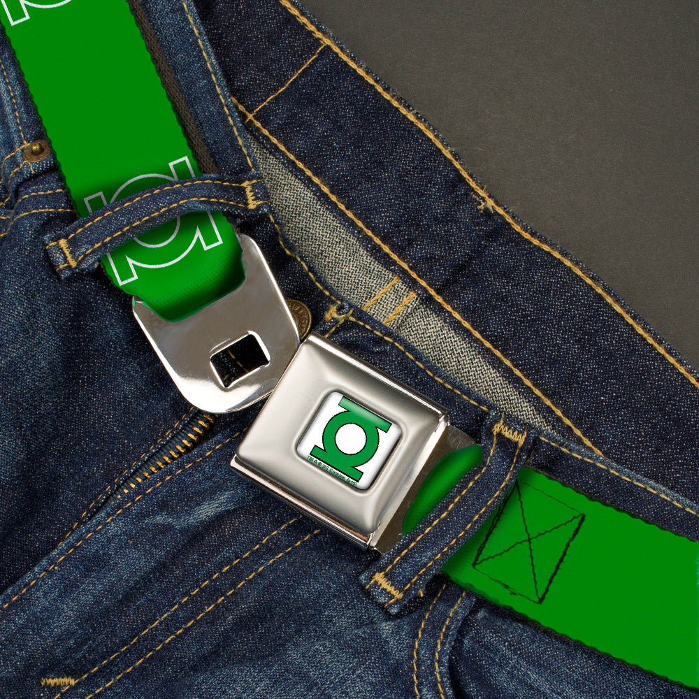 Green Lantern Logo CLOSE-UP White Green Seatbelt Belt - Green Lantern Logo Green/White Webbing Seatbelt Belts DC Comics