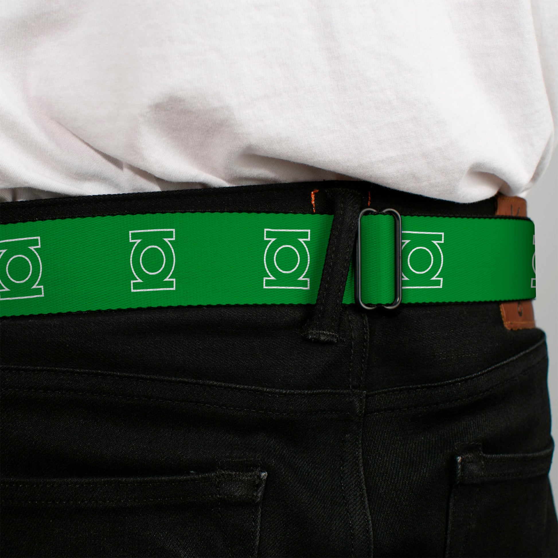Green Lantern Logo CLOSE-UP White Green Seatbelt Belt - Green Lantern Logo Green/White Webbing Seatbelt Belts DC Comics