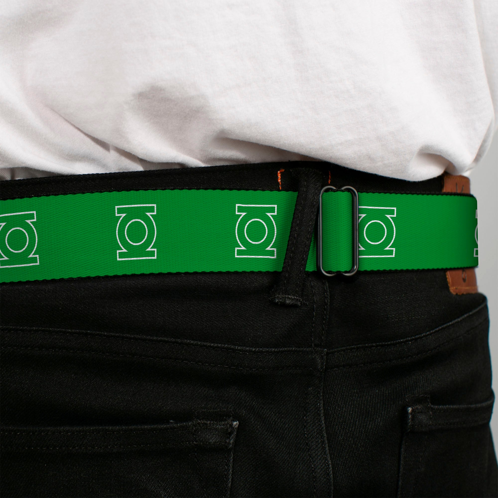Green Lantern Logo CLOSE-UP White Green Seatbelt Belt - Green Lantern Logo Green/White Webbing Seatbelt Belts DC Comics