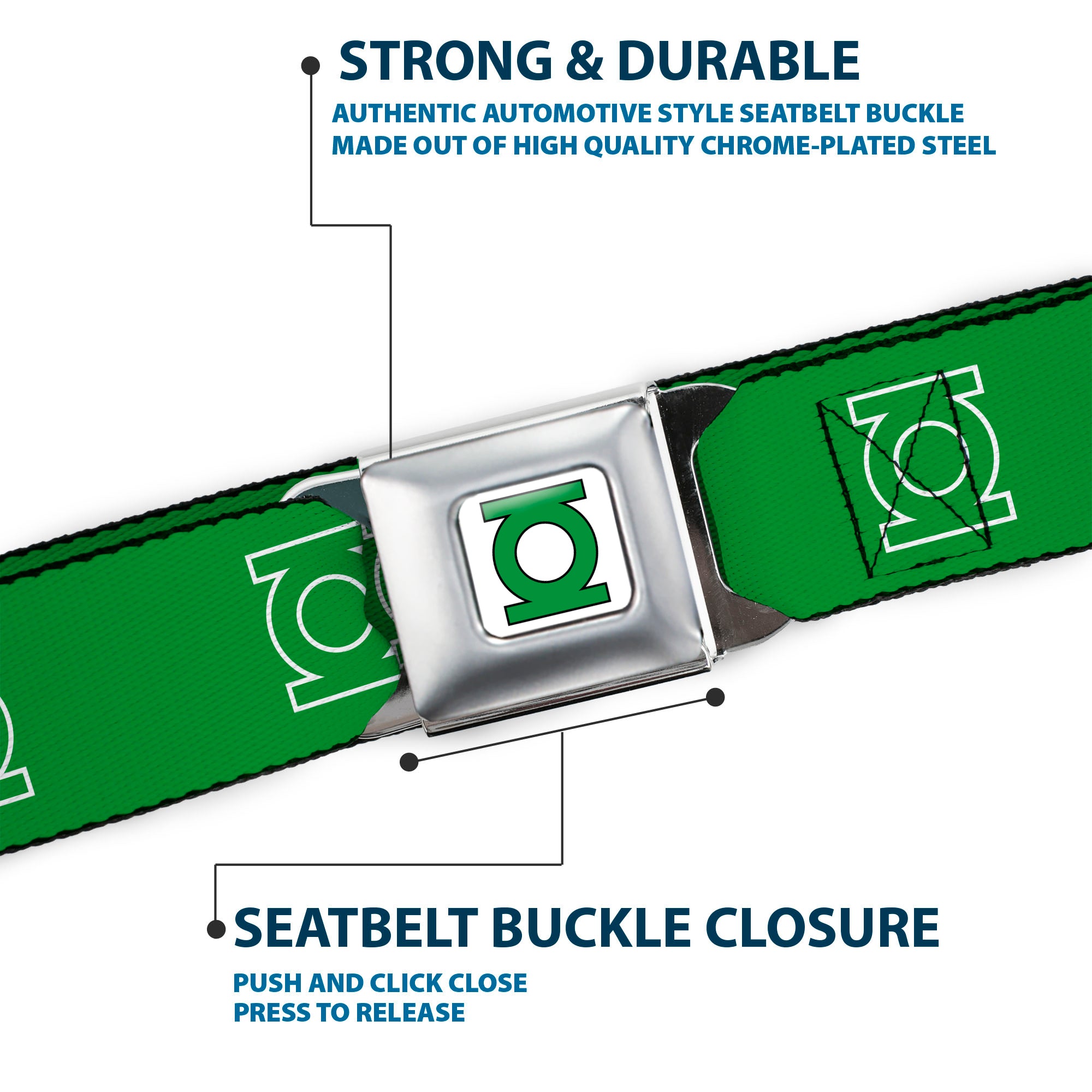 Green Lantern Logo CLOSE-UP White Green Seatbelt Belt - Green Lantern Logo Green/White Webbing Seatbelt Belts DC Comics