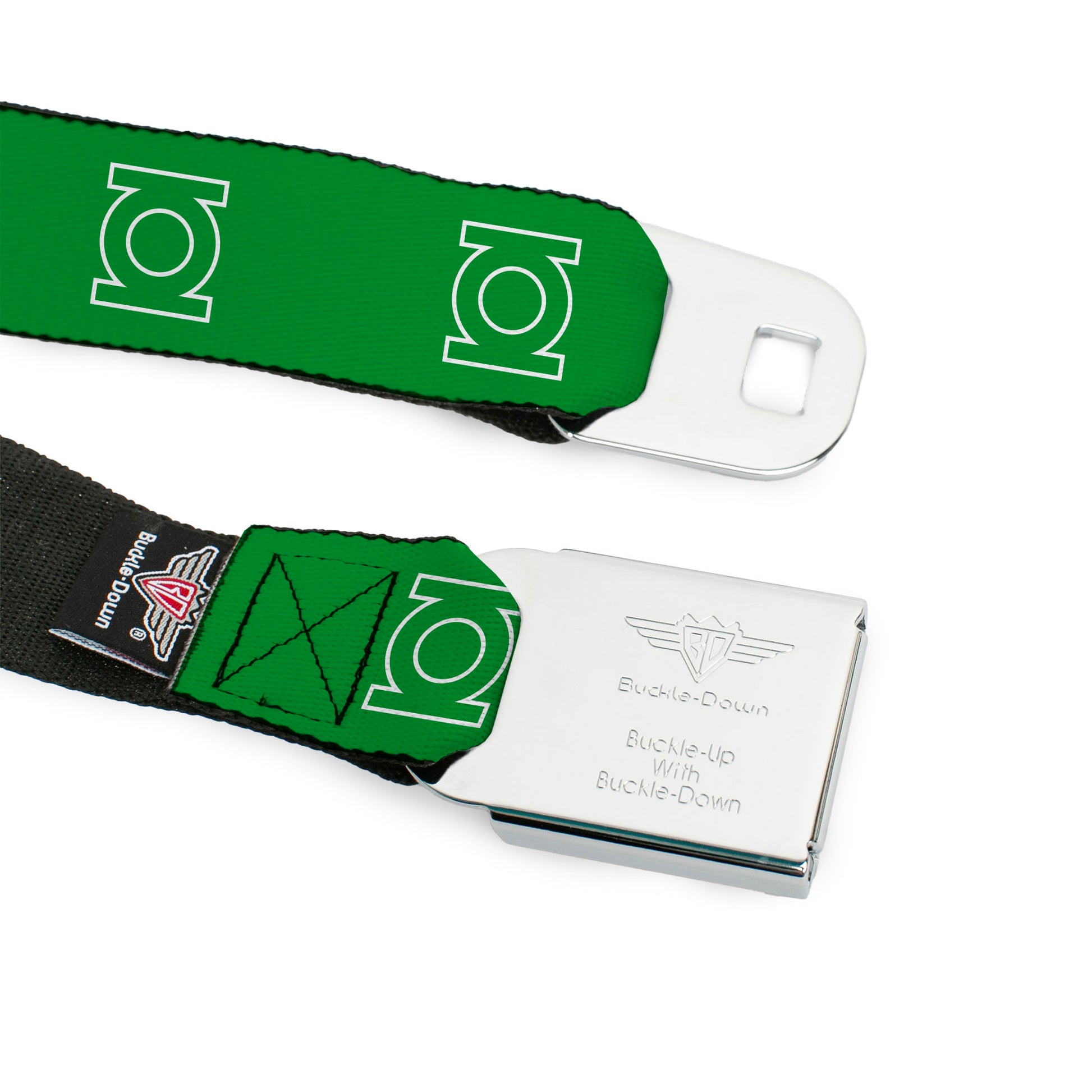 Green Lantern Logo CLOSE-UP White Green Seatbelt Belt - Green Lantern Logo Green/White Webbing Seatbelt Belts DC Comics