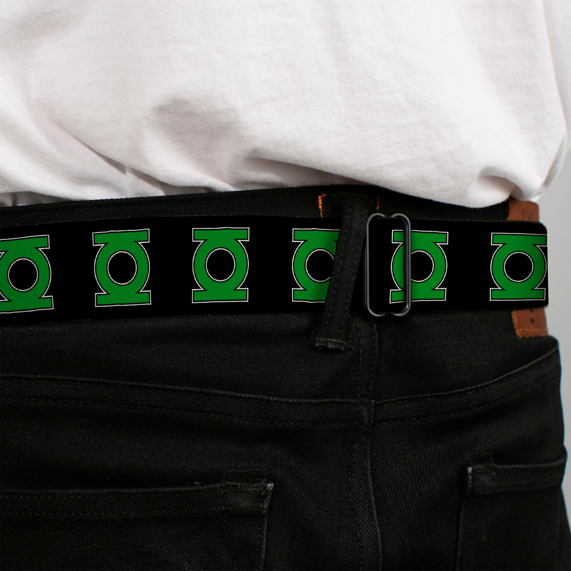 Green Lantern Logo CLOSE-UP Black Green Seatbelt Belt - Green Lantern Logo Black/Green Webbing Seatbelt Belts DC Comics