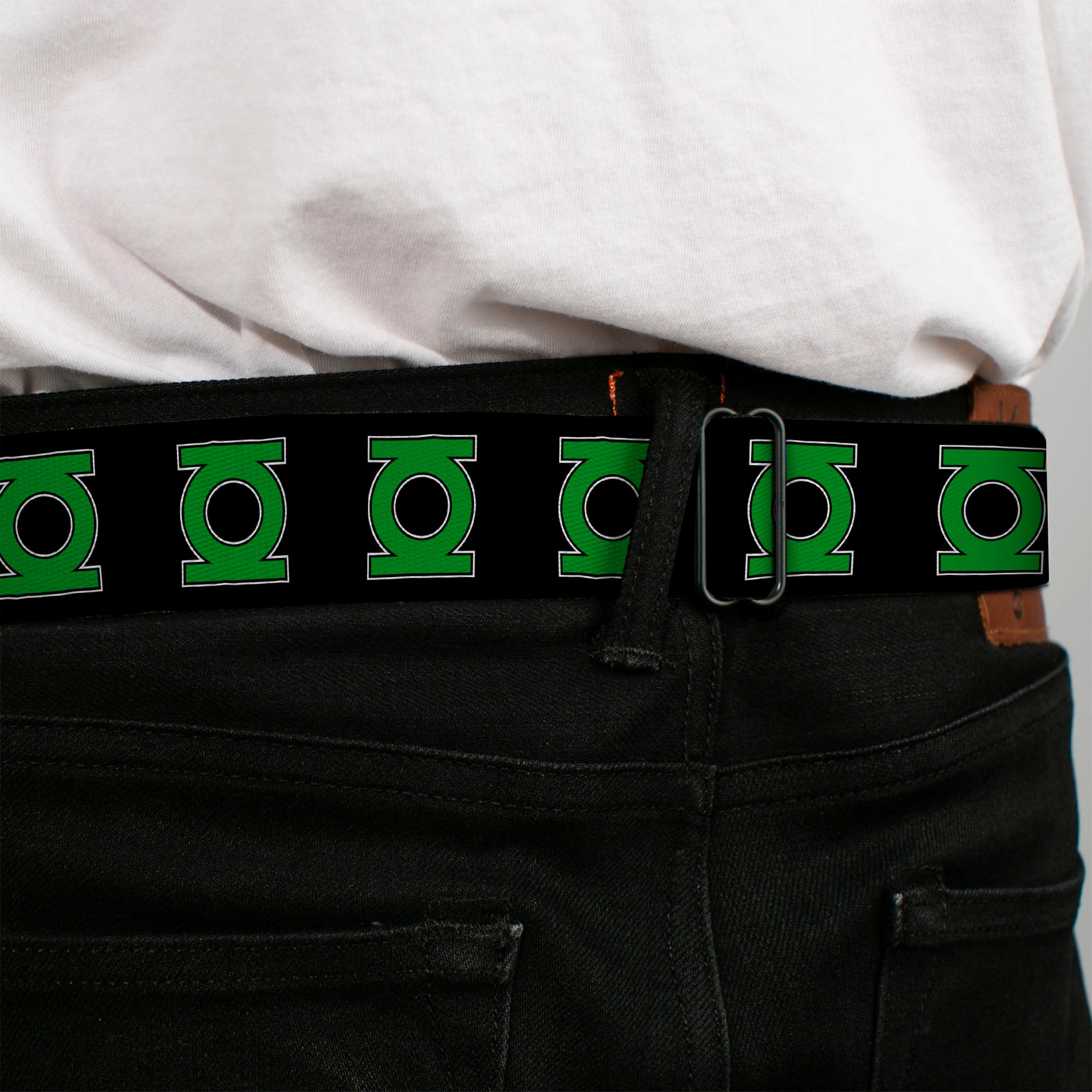 Green Lantern Logo CLOSE-UP Black Green Seatbelt Belt - Green Lantern Logo Black/Green Webbing Seatbelt Belts DC Comics