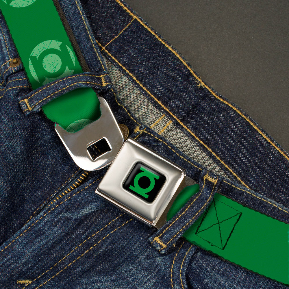 Green Lantern Logo CLOSE-UP Black Green Seatbelt Belt - Green Lantern Logo Weathered Greens Webbing Seatbelt Belts DC Comics
