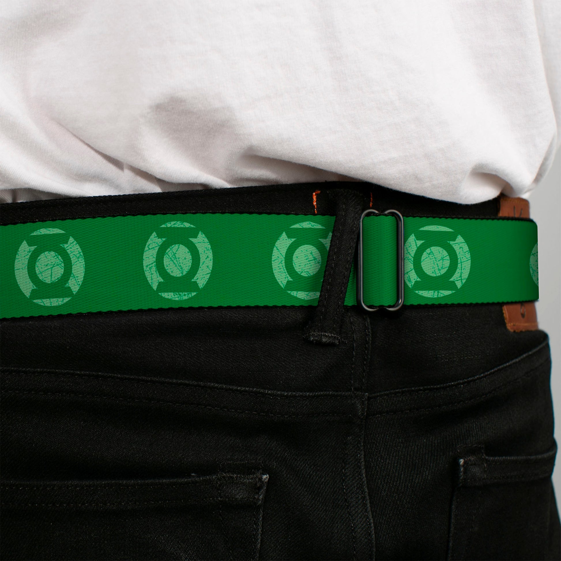 Green Lantern Logo CLOSE-UP Black Green Seatbelt Belt - Green Lantern Logo Weathered Greens Webbing Seatbelt Belts DC Comics