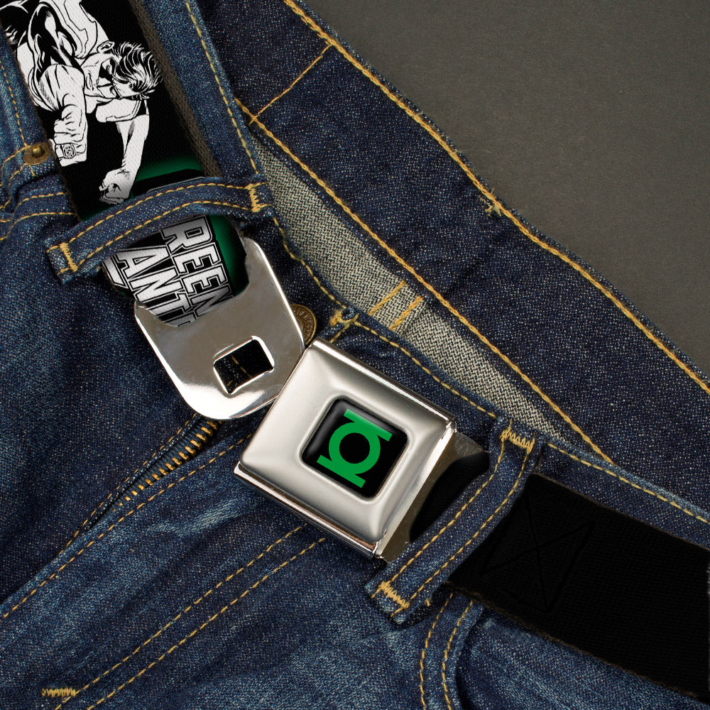 Green Lantern Logo CLOSE-UP Black Green Seatbelt Belt - GREEN LANTERN Action Poses Black/White/Green Webbing Seatbelt Belts DC Comics