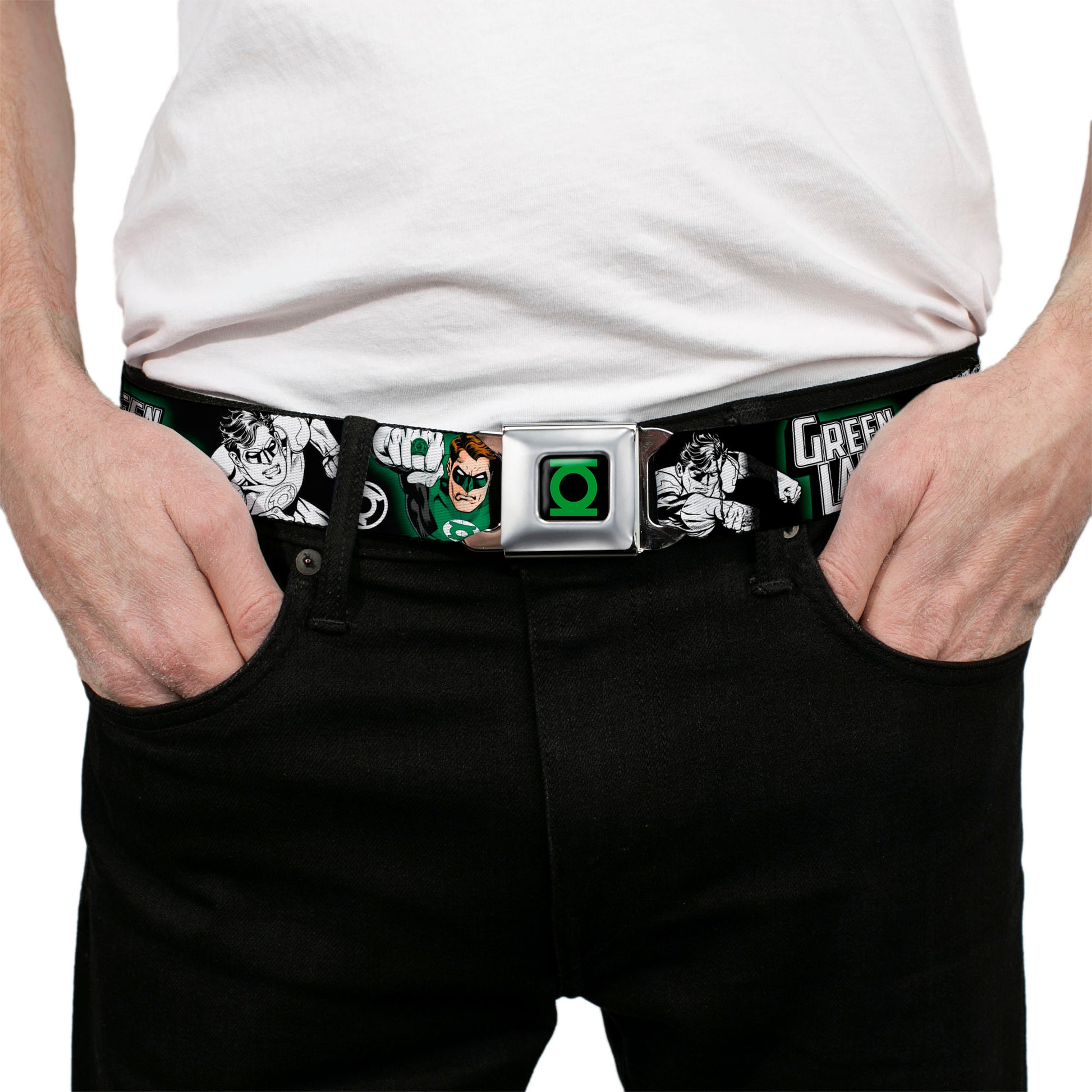 Green Lantern Logo CLOSE-UP Black Green Seatbelt Belt - GREEN LANTERN Action Poses Black/White/Green Webbing Seatbelt Belts DC Comics