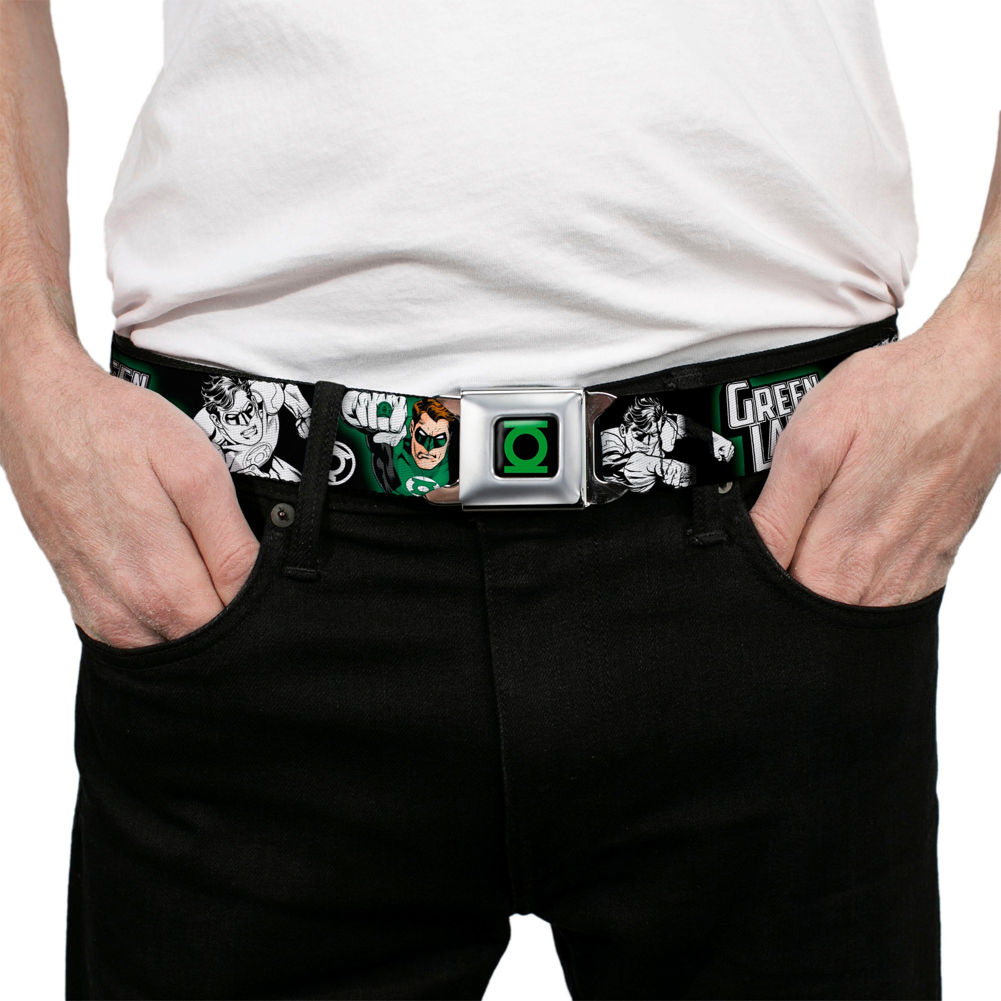 Green Lantern Logo CLOSE-UP Black Green Seatbelt Belt - GREEN LANTERN Action Poses Black/White/Green Webbing Seatbelt Belts DC Comics
