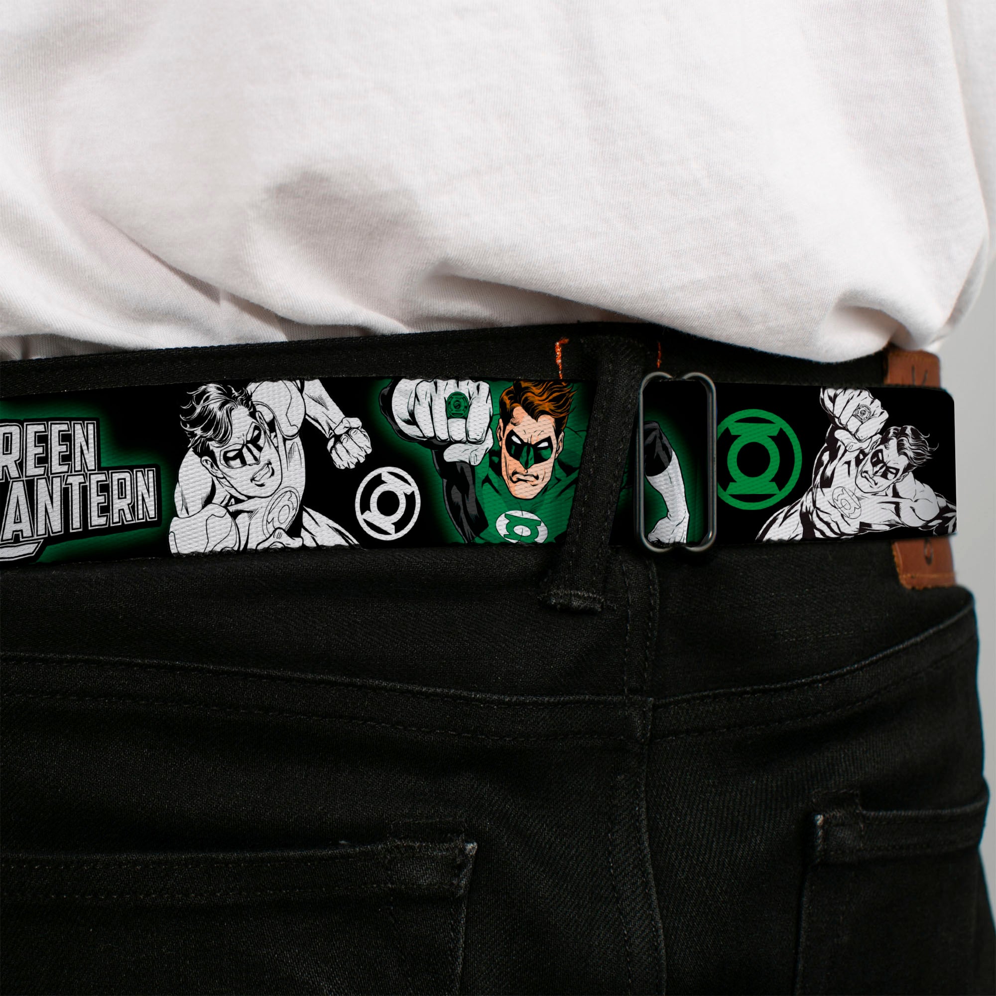Green Lantern Logo CLOSE-UP Black Green Seatbelt Belt - GREEN LANTERN Action Poses Black/White/Green Webbing Seatbelt Belts DC Comics