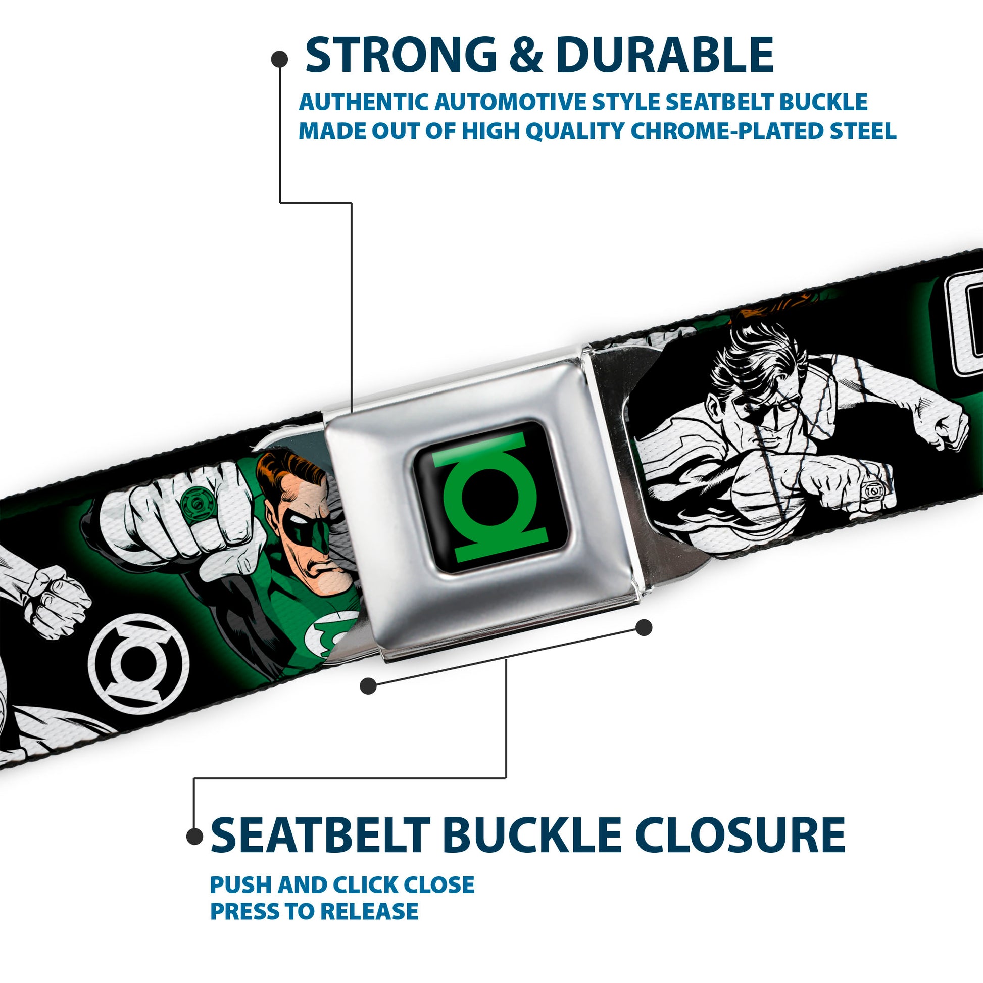 Green Lantern Logo CLOSE-UP Black Green Seatbelt Belt - GREEN LANTERN Action Poses Black/White/Green Webbing Seatbelt Belts DC Comics