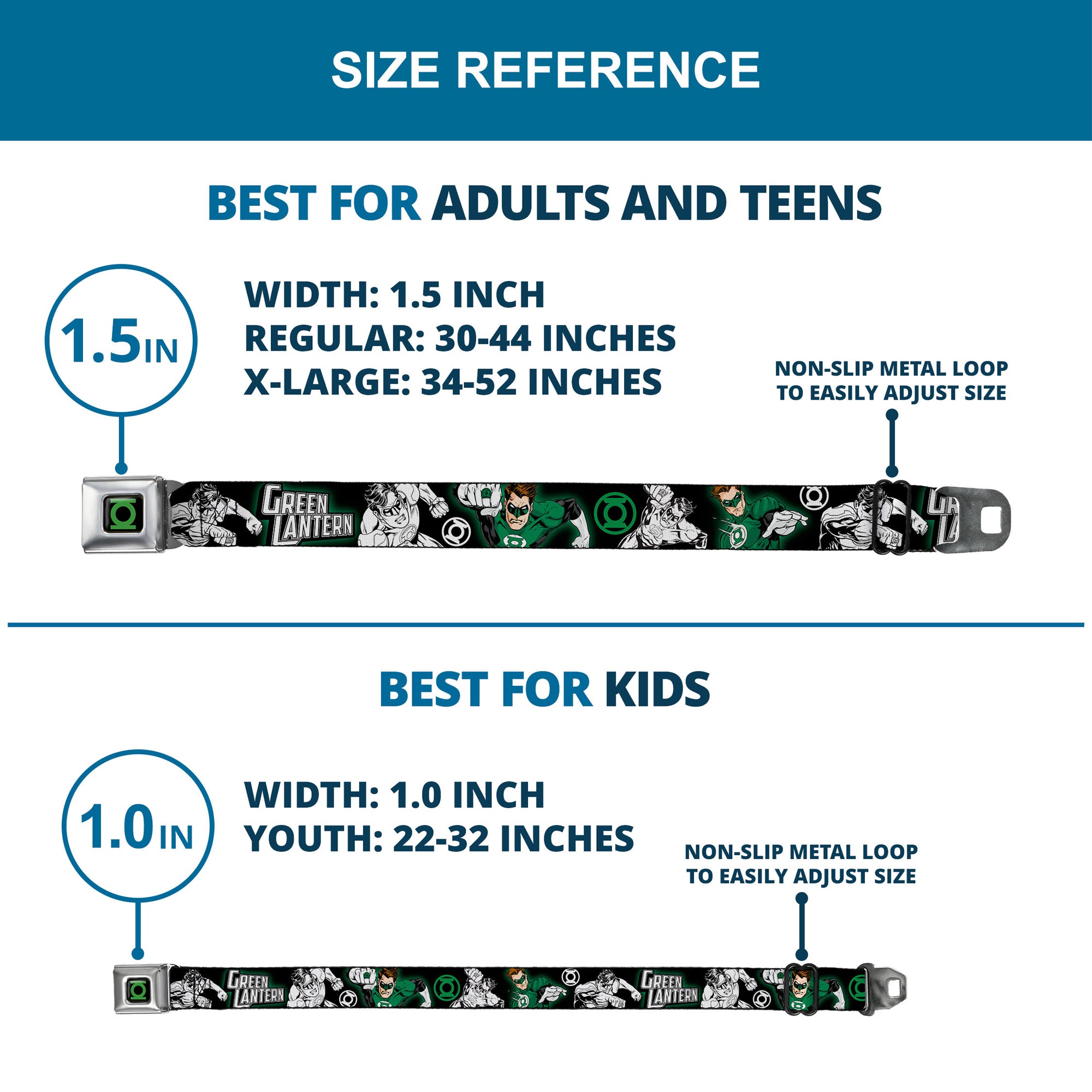 Green Lantern Logo CLOSE-UP Black Green Seatbelt Belt - GREEN LANTERN Action Poses Black/White/Green Webbing Seatbelt Belts DC Comics