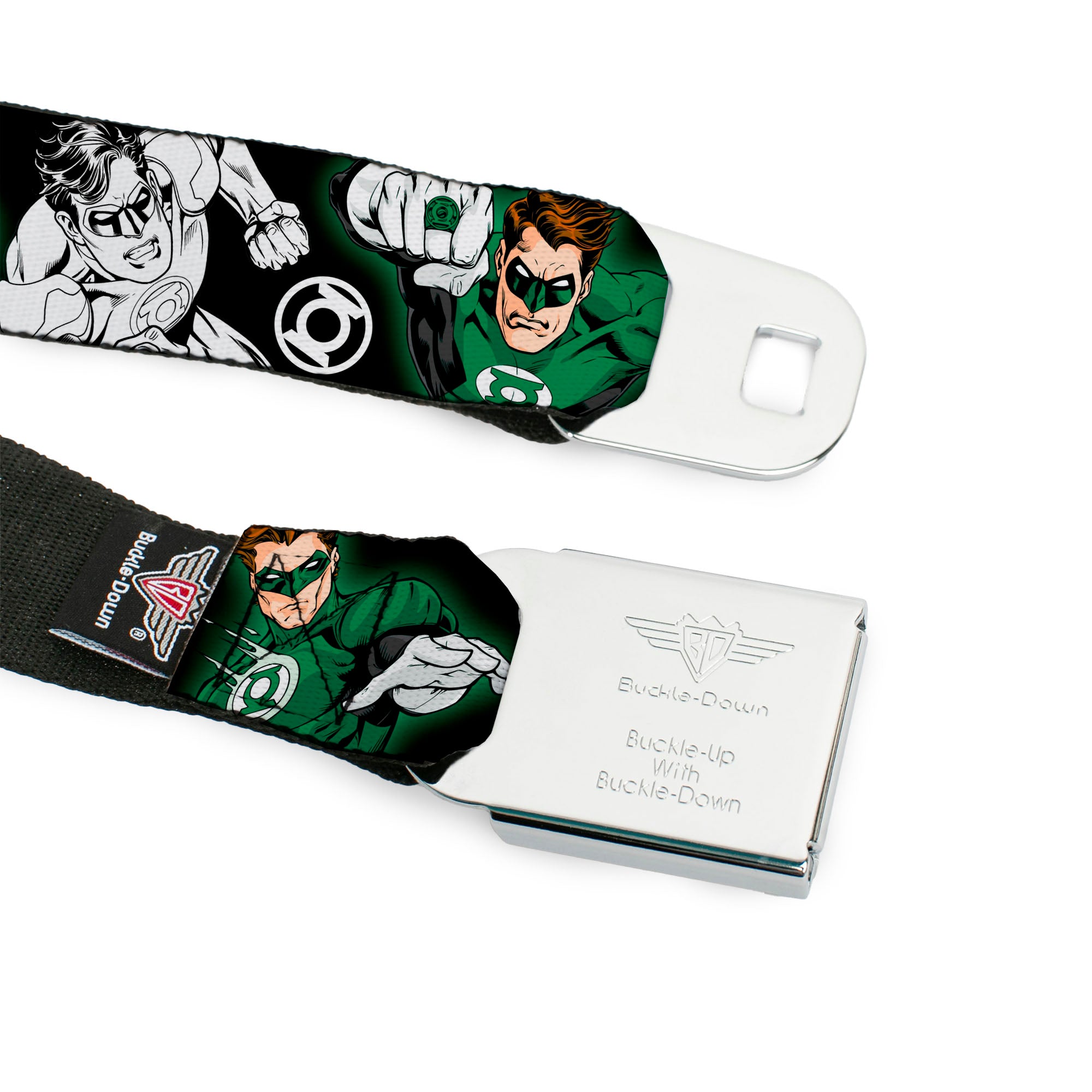 Green Lantern Logo CLOSE-UP Black Green Seatbelt Belt - GREEN LANTERN Action Poses Black/White/Green Webbing Seatbelt Belts DC Comics