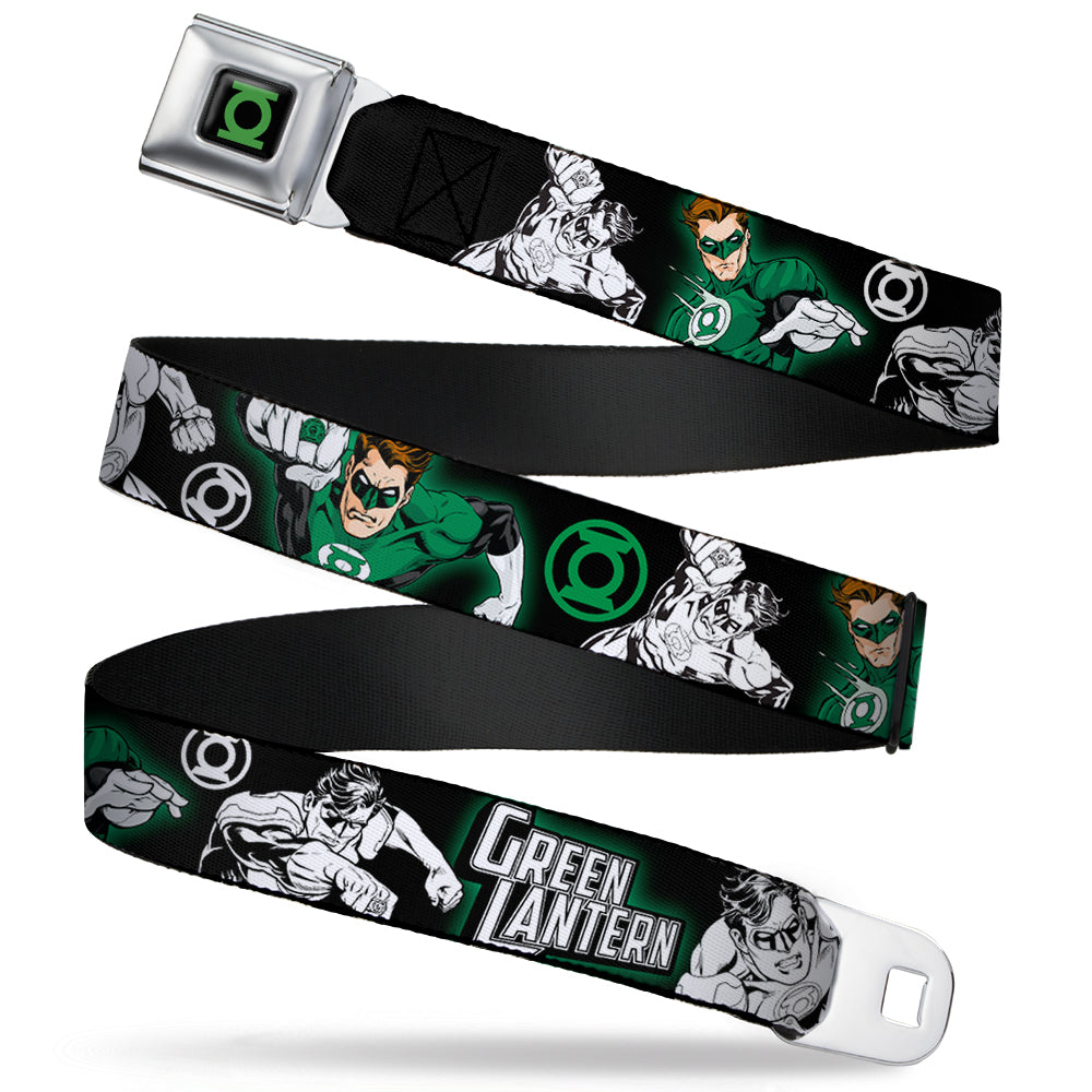 Green Lantern Logo CLOSE-UP Black Green Seatbelt Belt - GREEN LANTERN Action Poses Black/White/Green Webbing Seatbelt Belts DC Comics