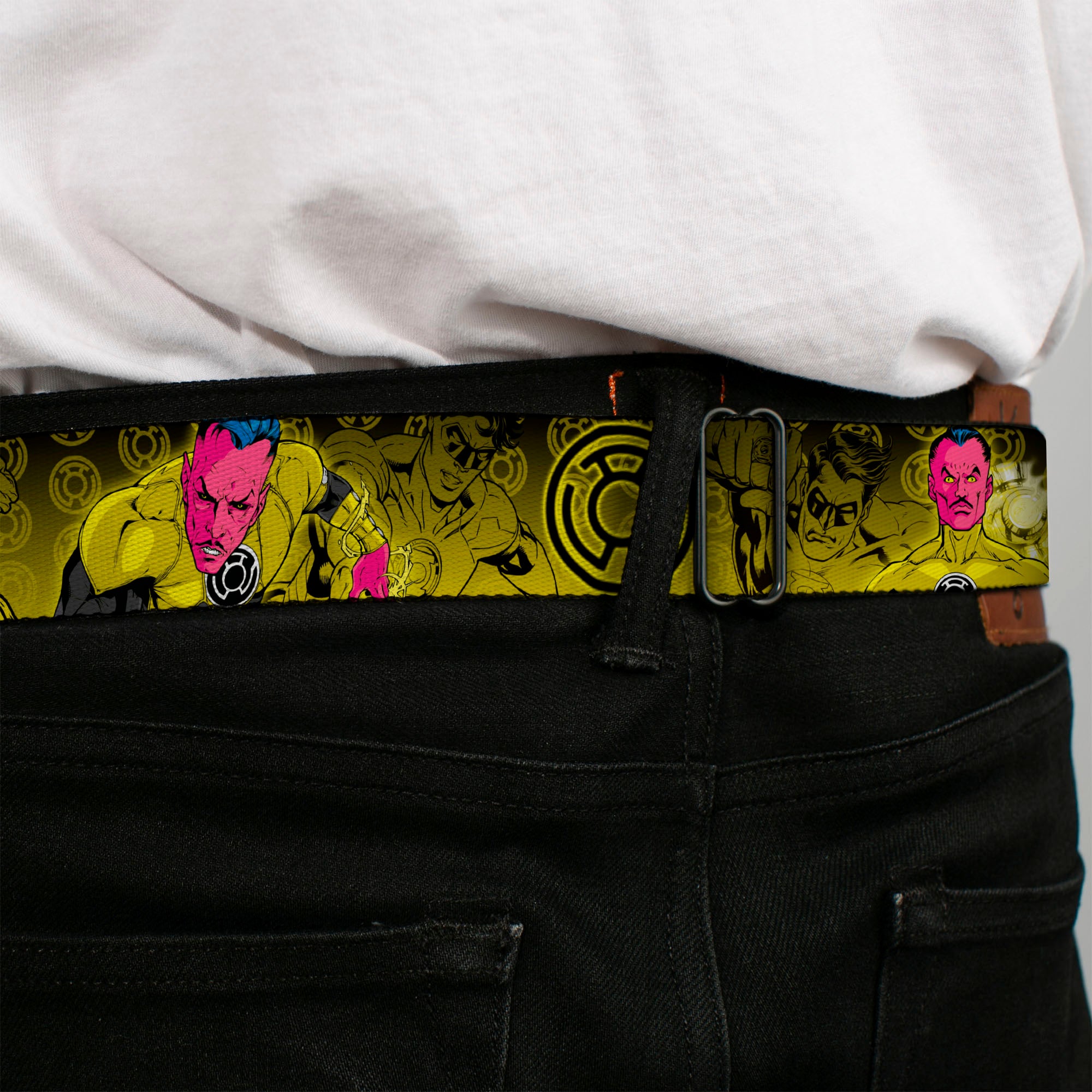 Sinestro Corps Logo Full Color Black/Yellow Seatbelt Belt - Sinsestro Poses & Logo/Green Lantern Poses Black-Yellow Fade Webbing Seatbelt Belts DC Comics