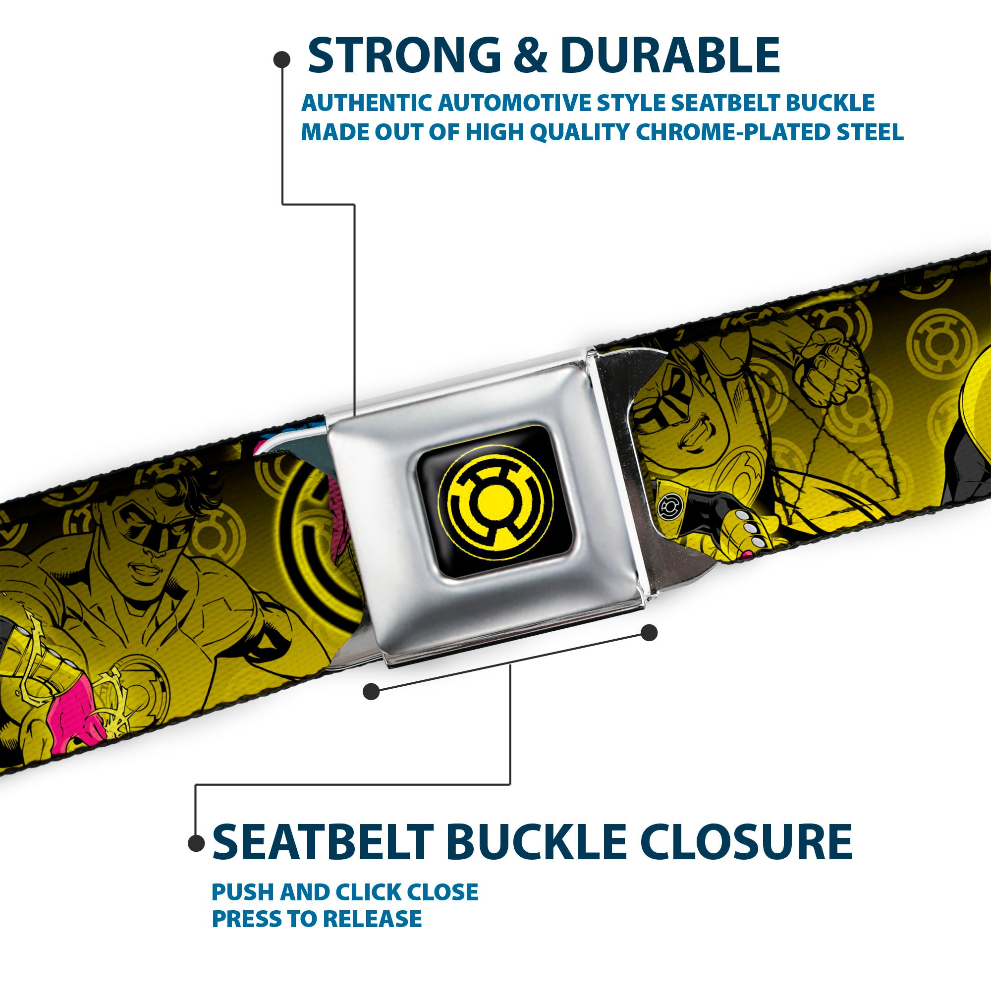 Sinestro Corps Logo Full Color Black/Yellow Seatbelt Belt - Sinsestro Poses & Logo/Green Lantern Poses Black-Yellow Fade Webbing Seatbelt Belts DC Comics