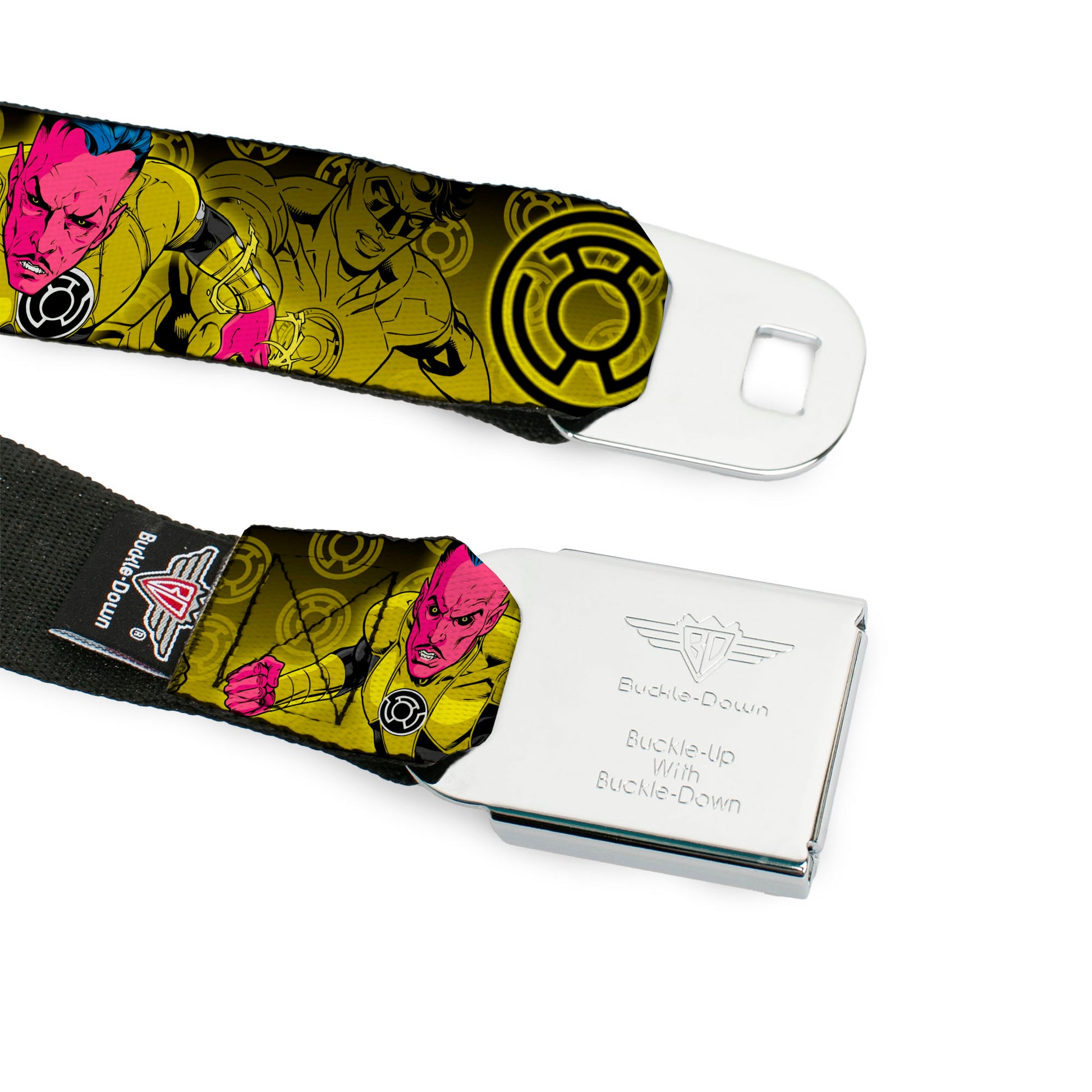 Sinestro Corps Logo Full Color Black/Yellow Seatbelt Belt - Sinsestro Poses & Logo/Green Lantern Poses Black-Yellow Fade Webbing Seatbelt Belts DC Comics