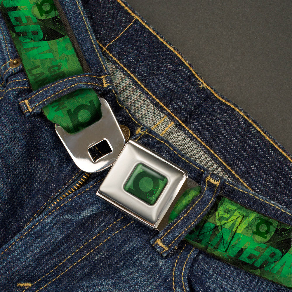 Green Lantern Logo Weathered Full Color Greens Seatbelt Belt - GREEN LANTERN/Logo Collage Weathered Greens Webbing Seatbelt Belts DC Comics