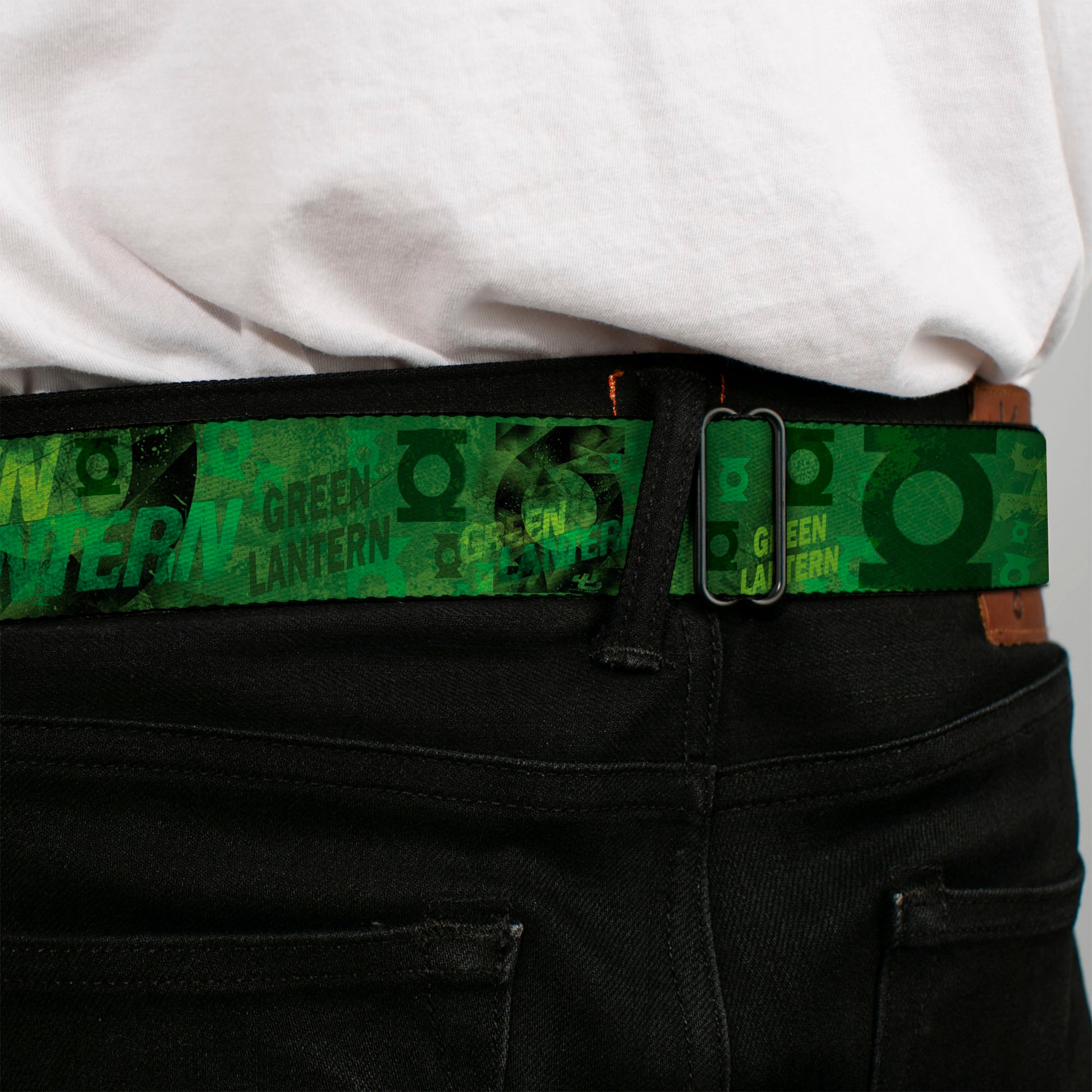 Green Lantern Logo Weathered Full Color Greens Seatbelt Belt - GREEN LANTERN/Logo Collage Weathered Greens Webbing Seatbelt Belts DC Comics