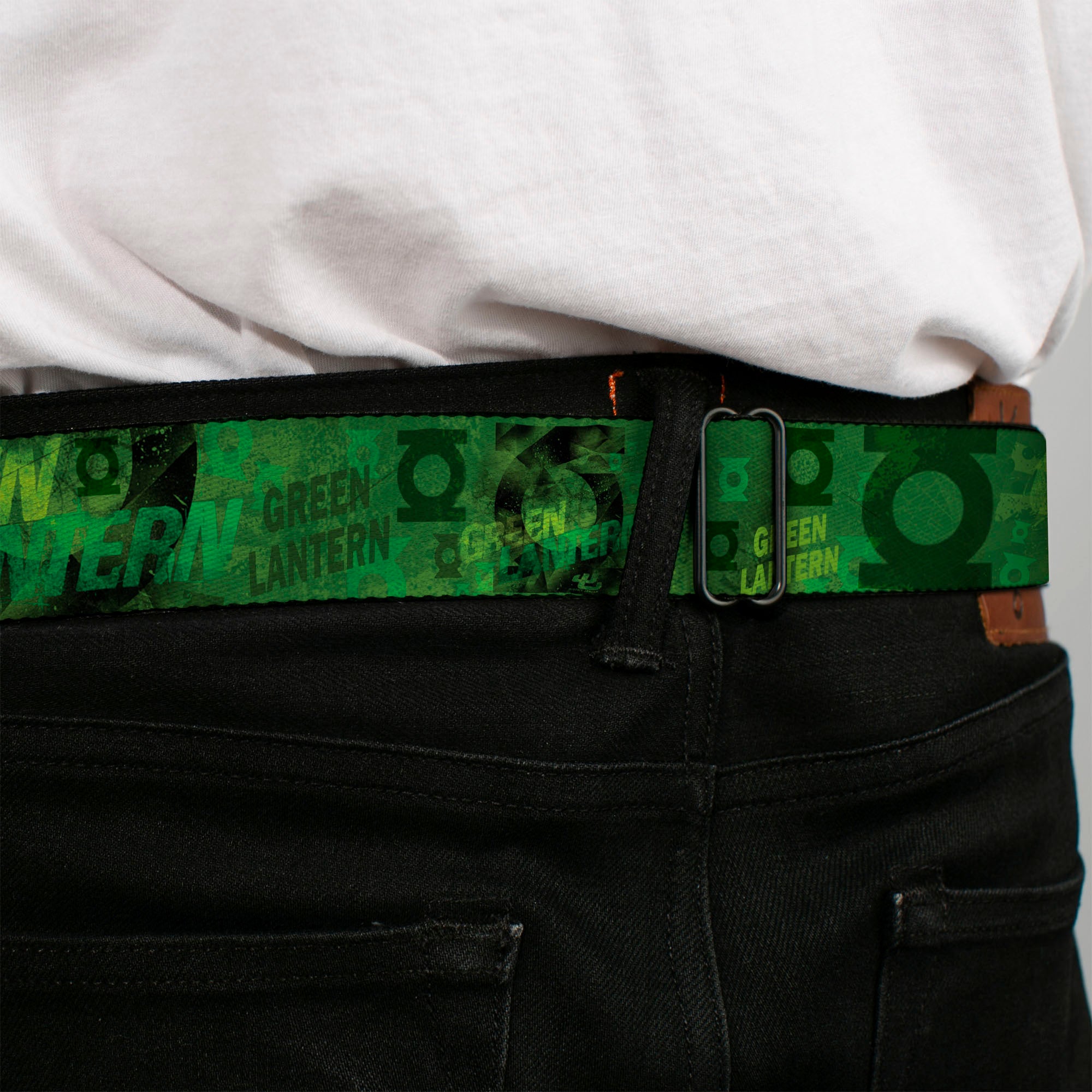 Green Lantern Logo Weathered Full Color Greens Seatbelt Belt - GREEN LANTERN/Logo Collage Weathered Greens Webbing Seatbelt Belts DC Comics