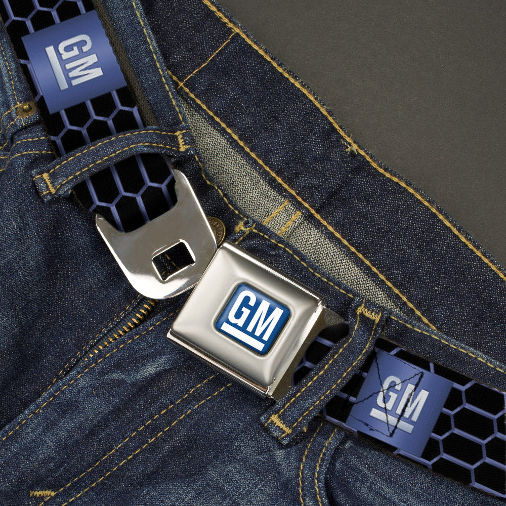 GM Bug Logo Full Color Blue Gradient/White Seatbelt Belt - GM Bug Logo Honeycomb Grill Black/Blues/White Webbing Seatbelt Belts GM General Motors