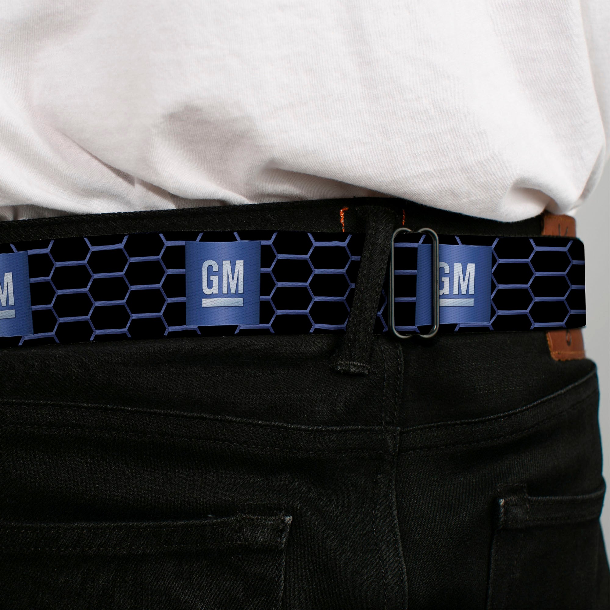GM Bug Logo Full Color Blue Gradient/White Seatbelt Belt - GM Bug Logo Honeycomb Grill Black/Blues/White Webbing Seatbelt Belts GM General Motors