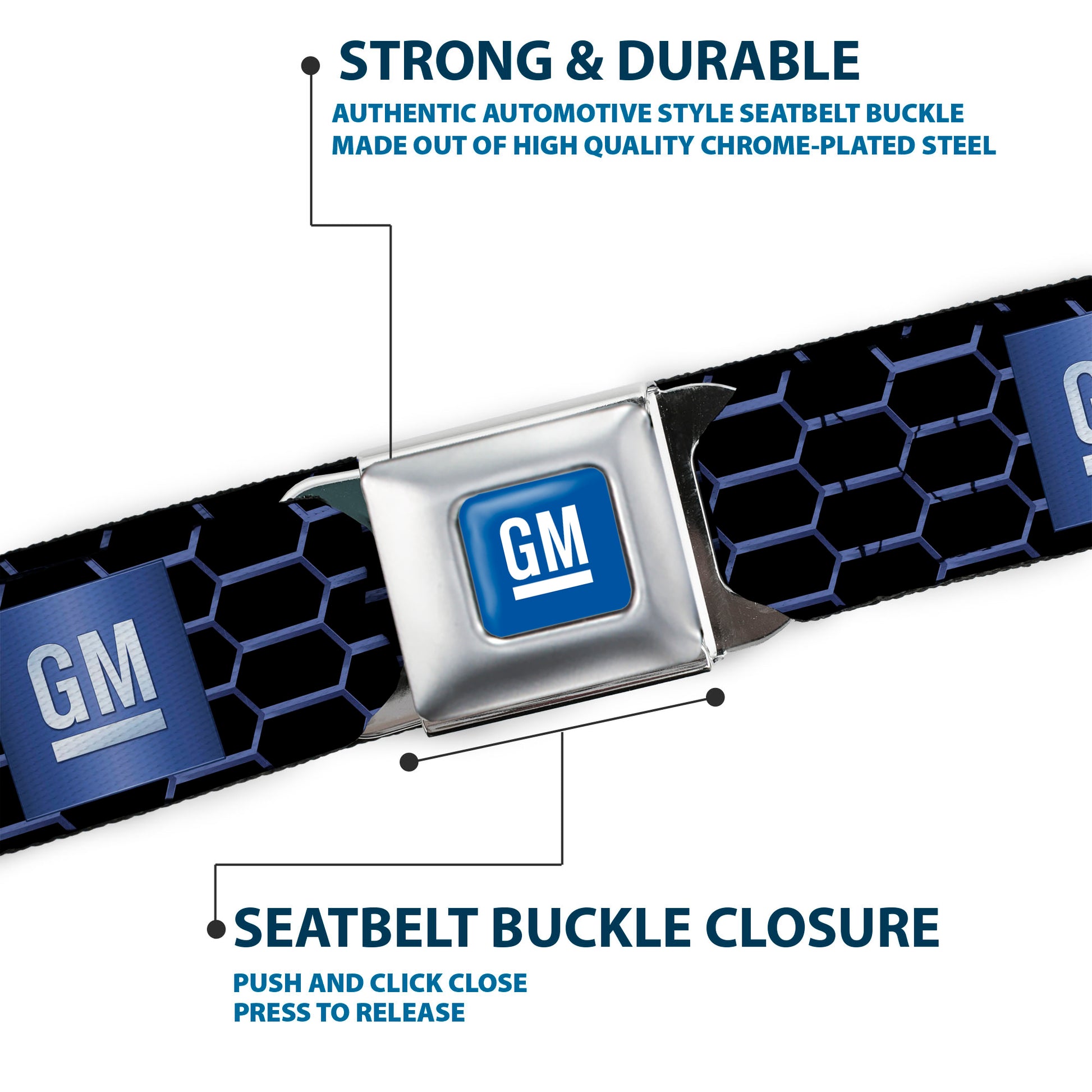 GM Bug Logo Full Color Blue Gradient/White Seatbelt Belt - GM Bug Logo Honeycomb Grill Black/Blues/White Webbing Seatbelt Belts GM General Motors