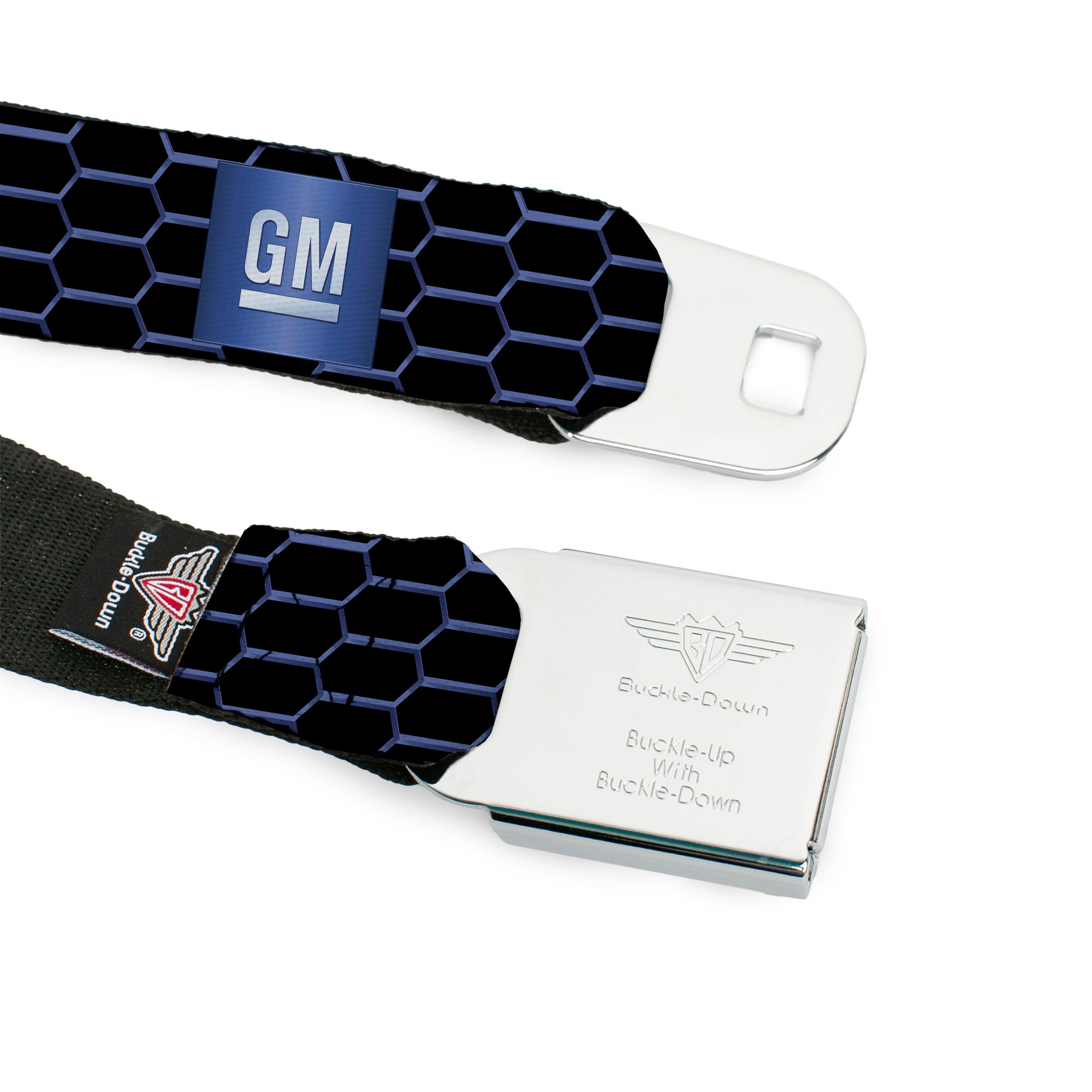 GM Bug Logo Full Color Blue Gradient/White Seatbelt Belt - GM Bug Logo Honeycomb Grill Black/Blues/White Webbing Seatbelt Belts GM General Motors