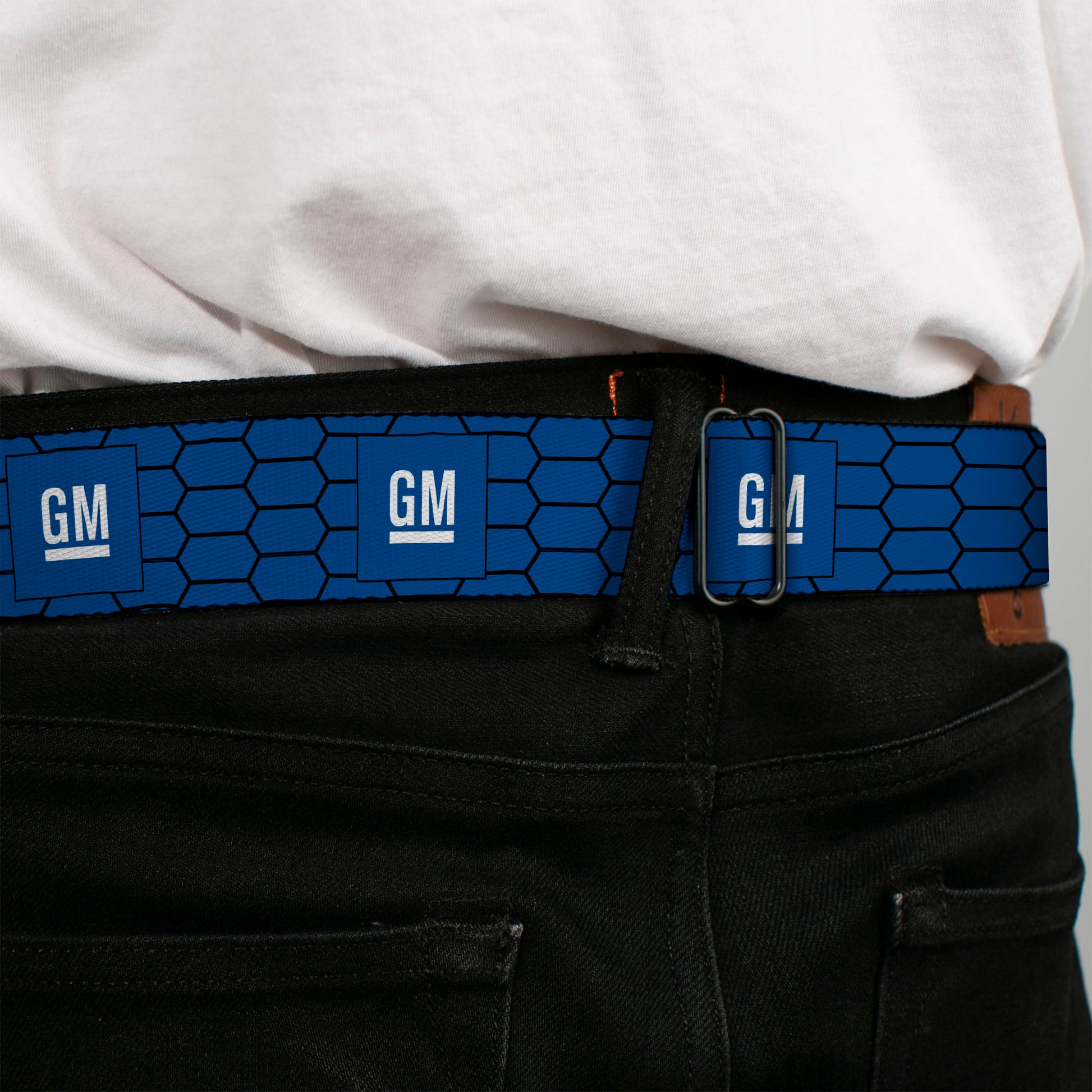GM Bug Logo Full Color Blue Gradient/White Seatbelt Belt - GM Bug Logo Honeycomb Grill Blue/Black/White Webbing Seatbelt Belts GM General Motors