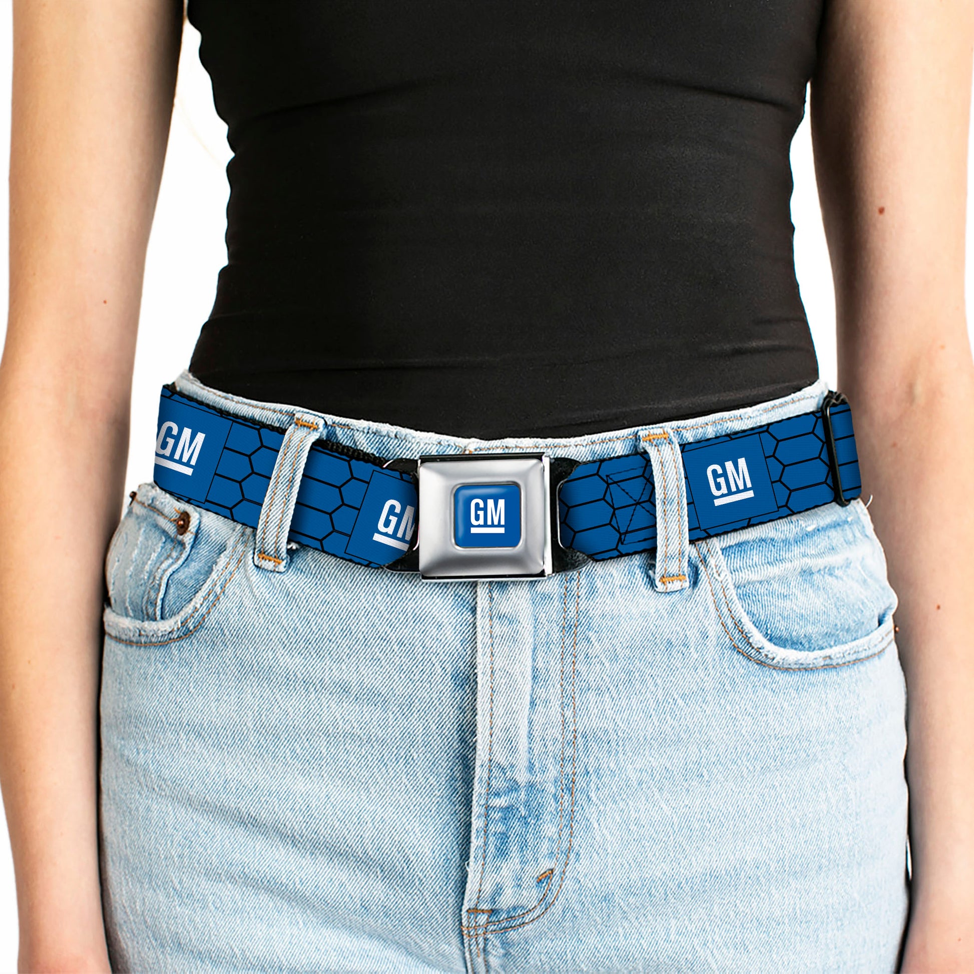 GM Bug Logo Full Color Blue Gradient/White Seatbelt Belt - GM Bug Logo Honeycomb Grill Blue/Black/White Webbing Seatbelt Belts GM General Motors