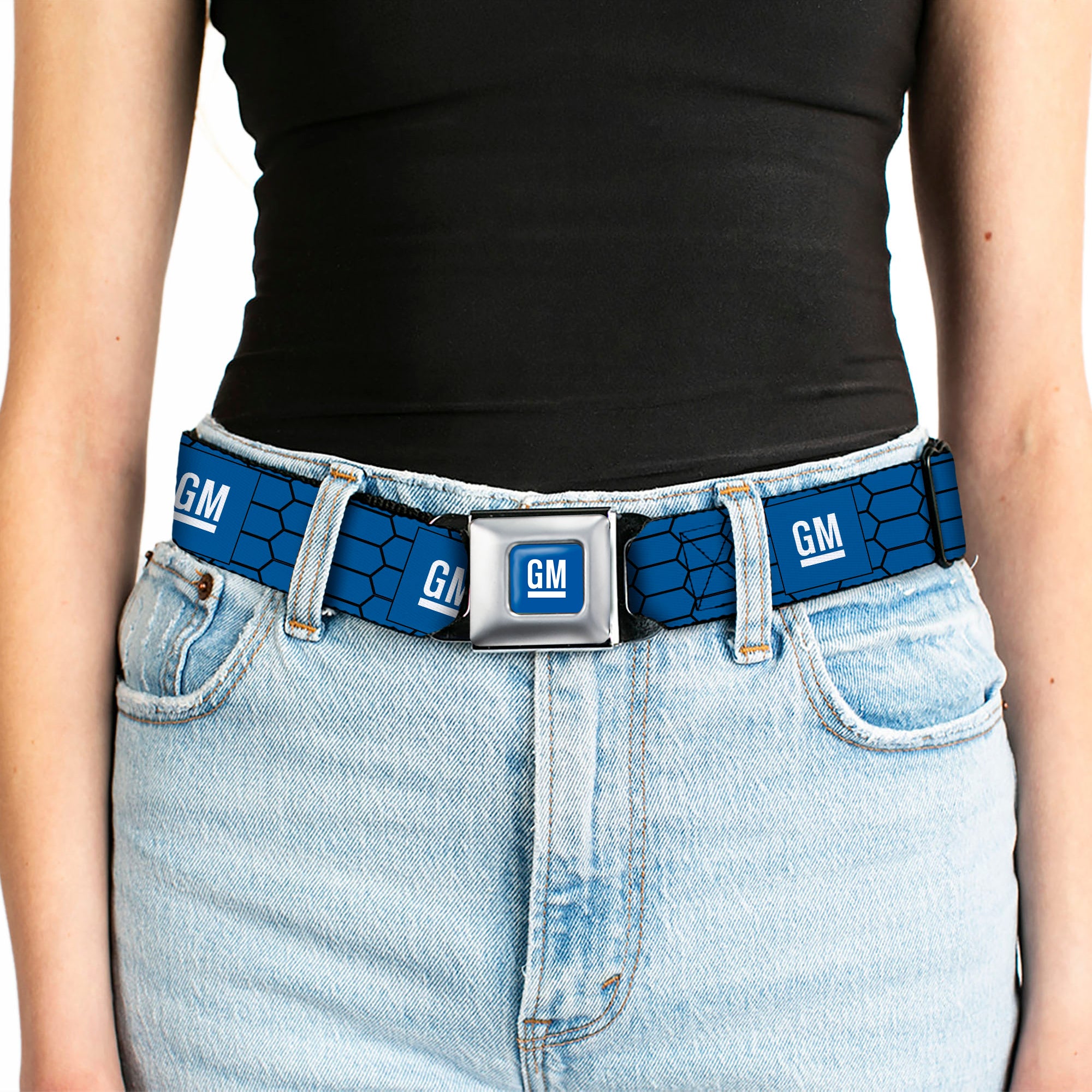 GM Bug Logo Full Color Blue Gradient/White Seatbelt Belt - GM Bug Logo Honeycomb Grill Blue/Black/White Webbing Seatbelt Belts GM General Motors