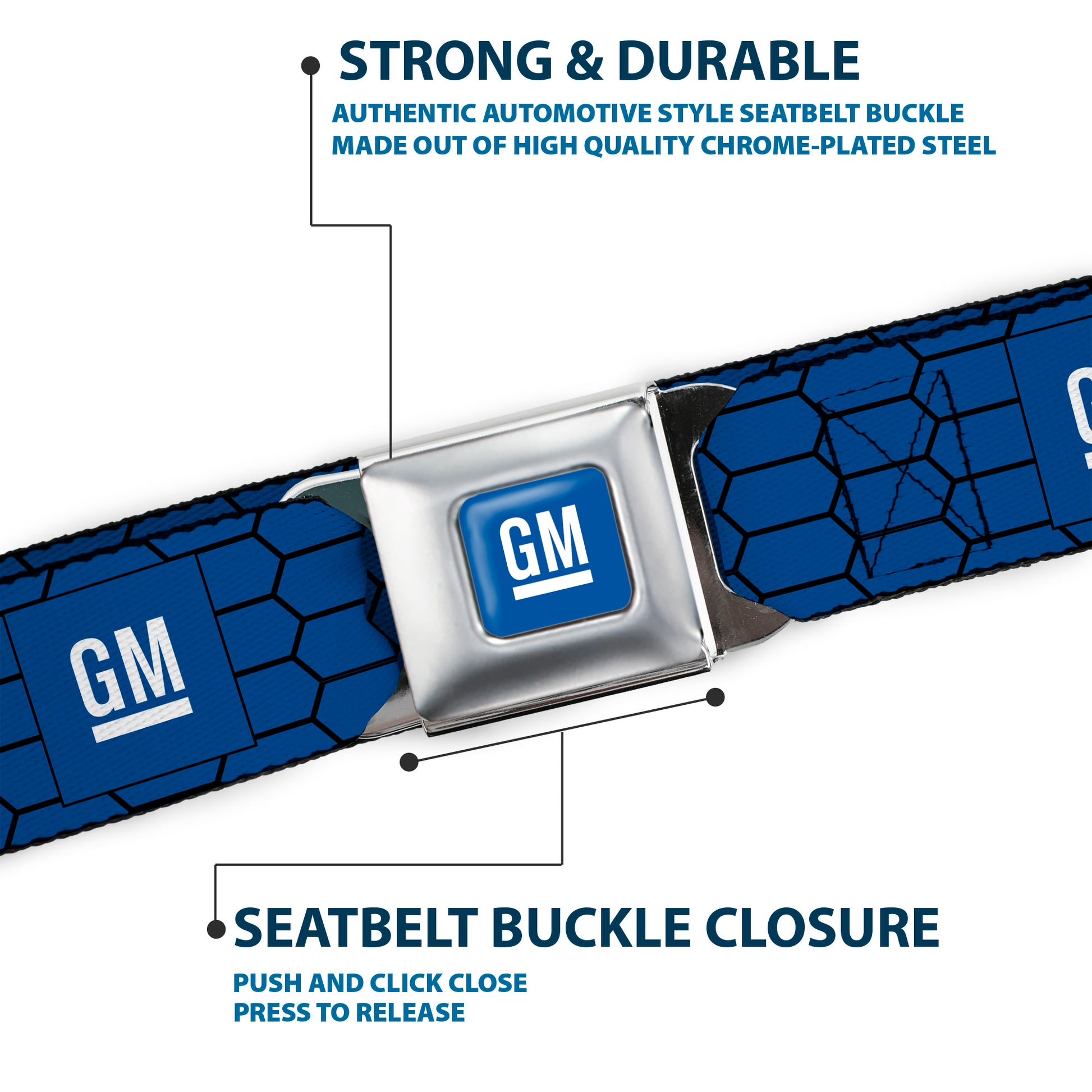 GM Bug Logo Full Color Blue Gradient/White Seatbelt Belt - GM Bug Logo Honeycomb Grill Blue/Black/White Webbing Seatbelt Belts GM General Motors