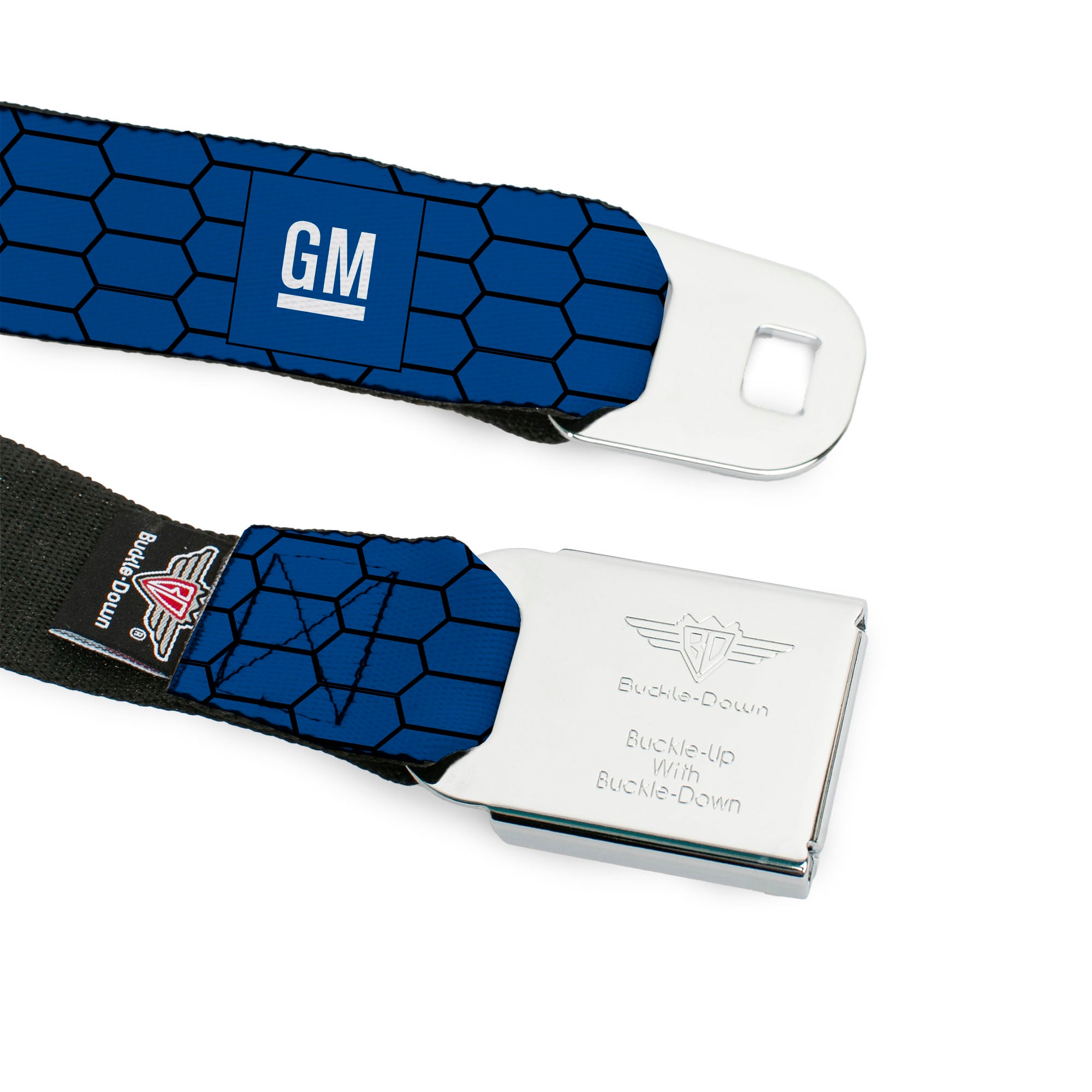 GM Bug Logo Full Color Blue Gradient/White Seatbelt Belt - GM Bug Logo Honeycomb Grill Blue/Black/White Webbing Seatbelt Belts GM General Motors
