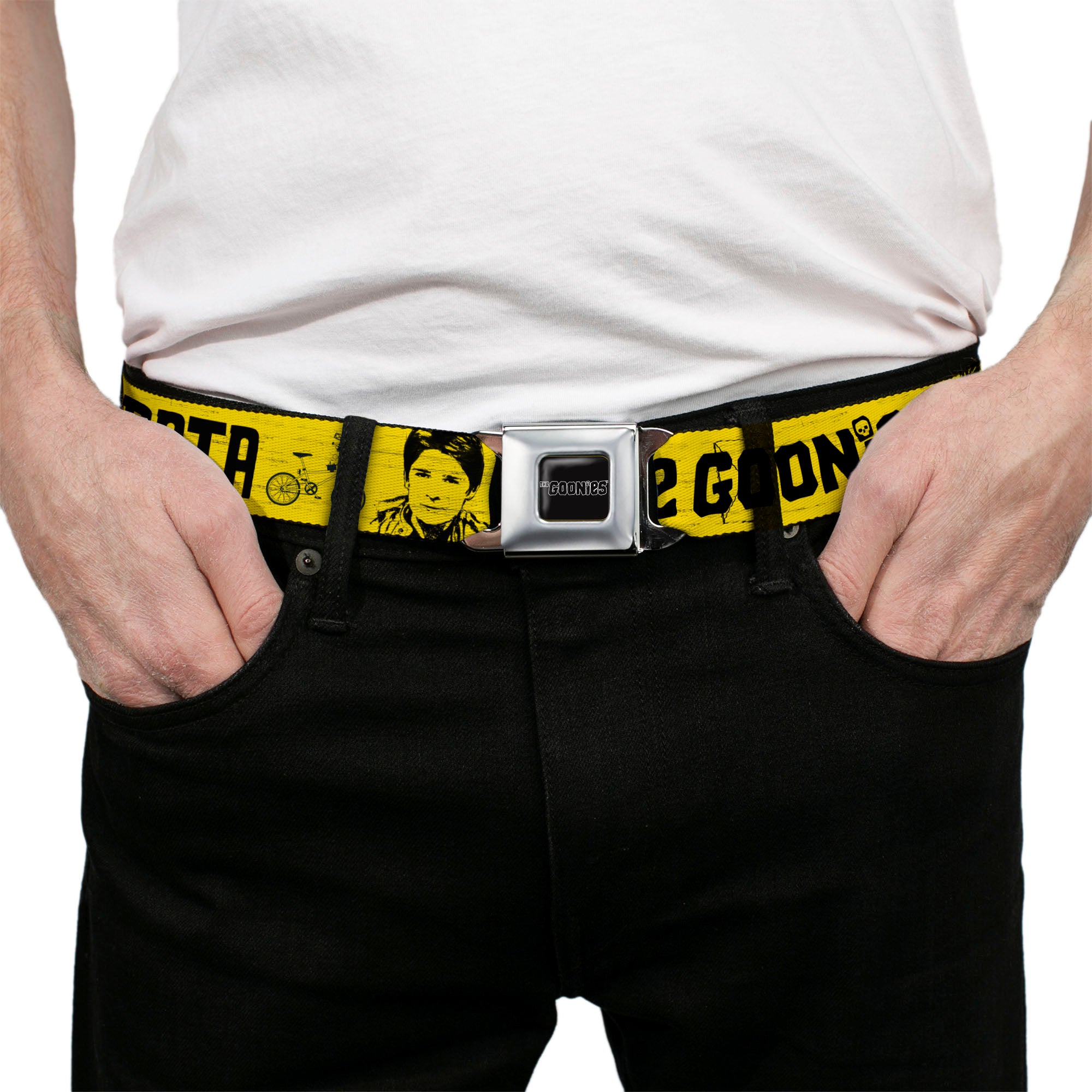 THE GOONIES Title Logo Full Color Black/White Seatbelt Belt - THE GOONIES CHUNK MIKEY DATA MOUTH Icons and Title Logo Yellow/Black Webbing Seatbelt Belts The Goonies