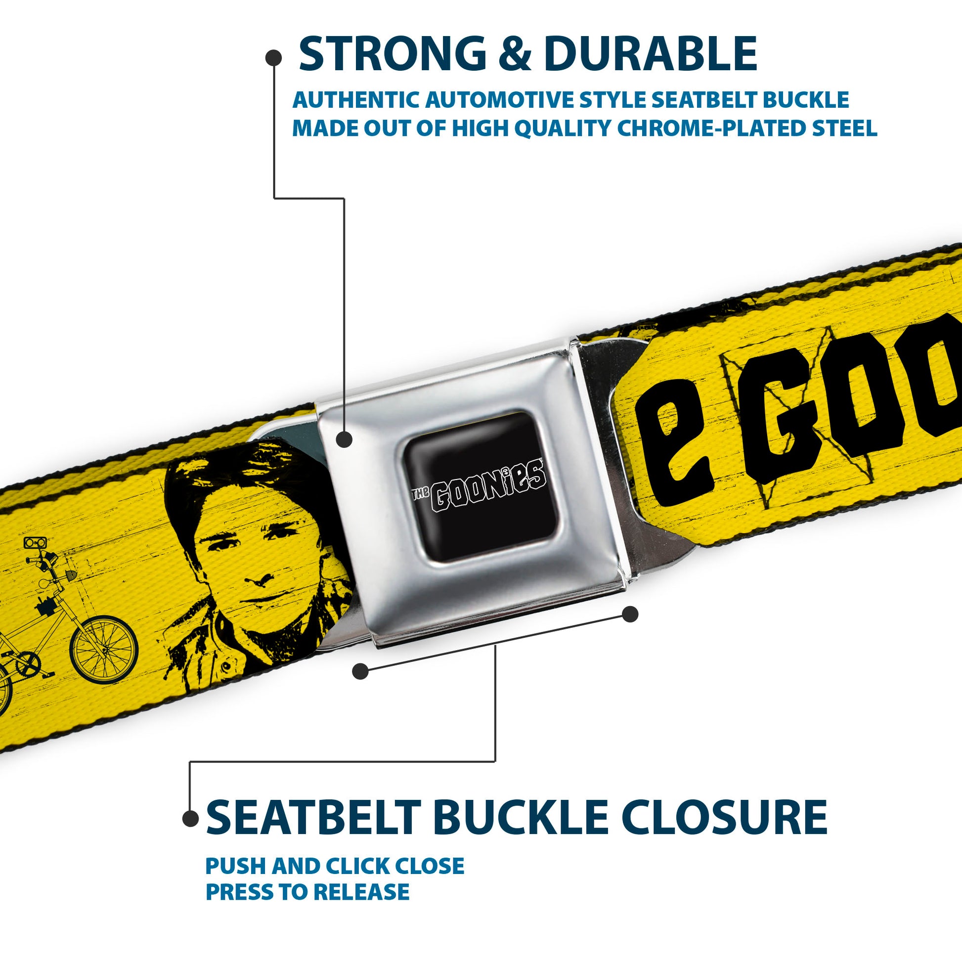 THE GOONIES Title Logo Full Color Black/White Seatbelt Belt - THE GOONIES CHUNK MIKEY DATA MOUTH Icons and Title Logo Yellow/Black Webbing Seatbelt Belts The Goonies