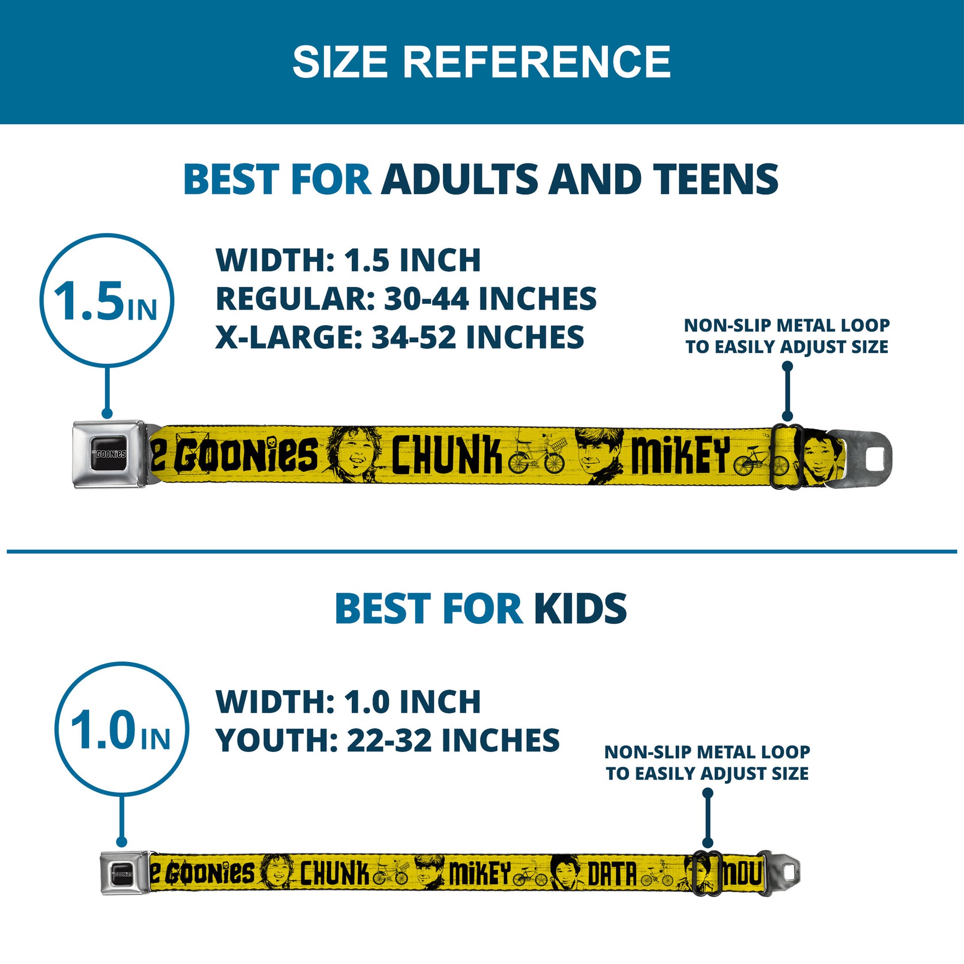 THE GOONIES Title Logo Full Color Black/White Seatbelt Belt - THE GOONIES CHUNK MIKEY DATA MOUTH Icons and Title Logo Yellow/Black Webbing Seatbelt Belts The Goonies