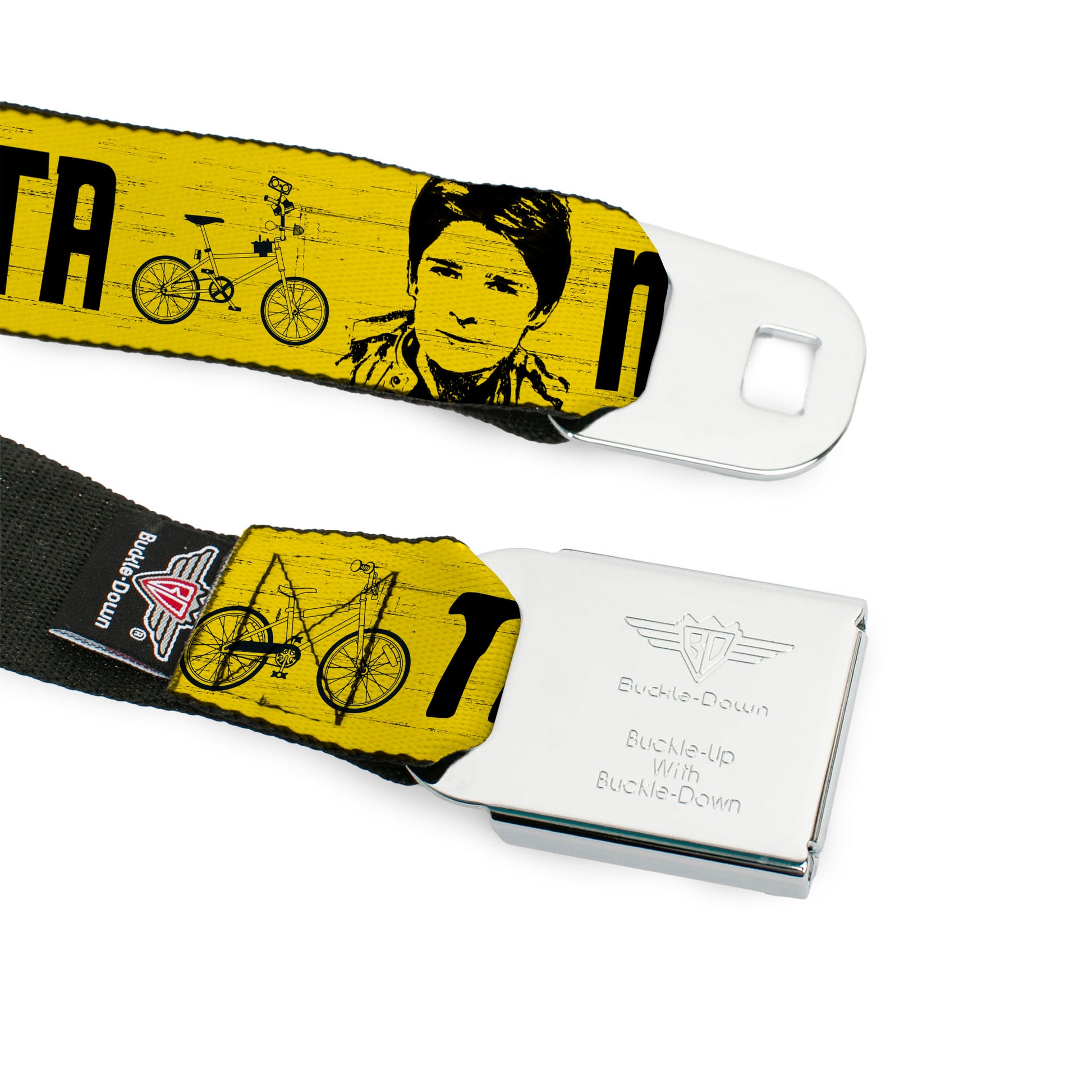 THE GOONIES Title Logo Full Color Black/White Seatbelt Belt - THE GOONIES CHUNK MIKEY DATA MOUTH Icons and Title Logo Yellow/Black Webbing Seatbelt Belts The Goonies