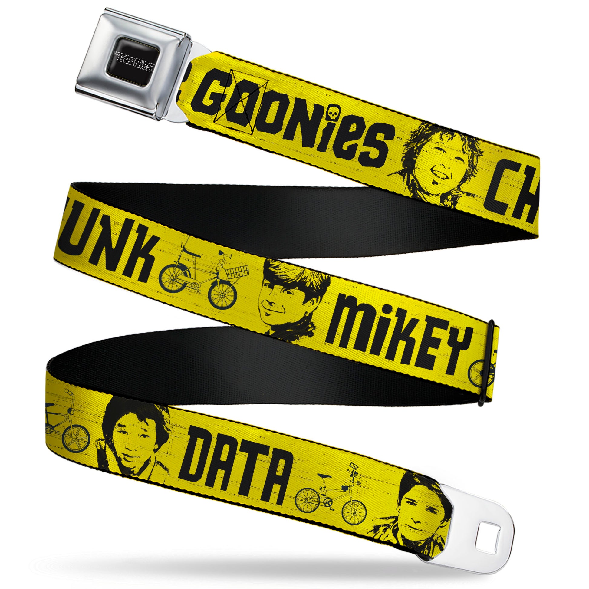 THE GOONIES Title Logo Full Color Black/White Seatbelt Belt - THE GOONIES CHUNK MIKEY DATA MOUTH Icons and Title Logo Yellow/Black Webbing Seatbelt Belts The Goonies