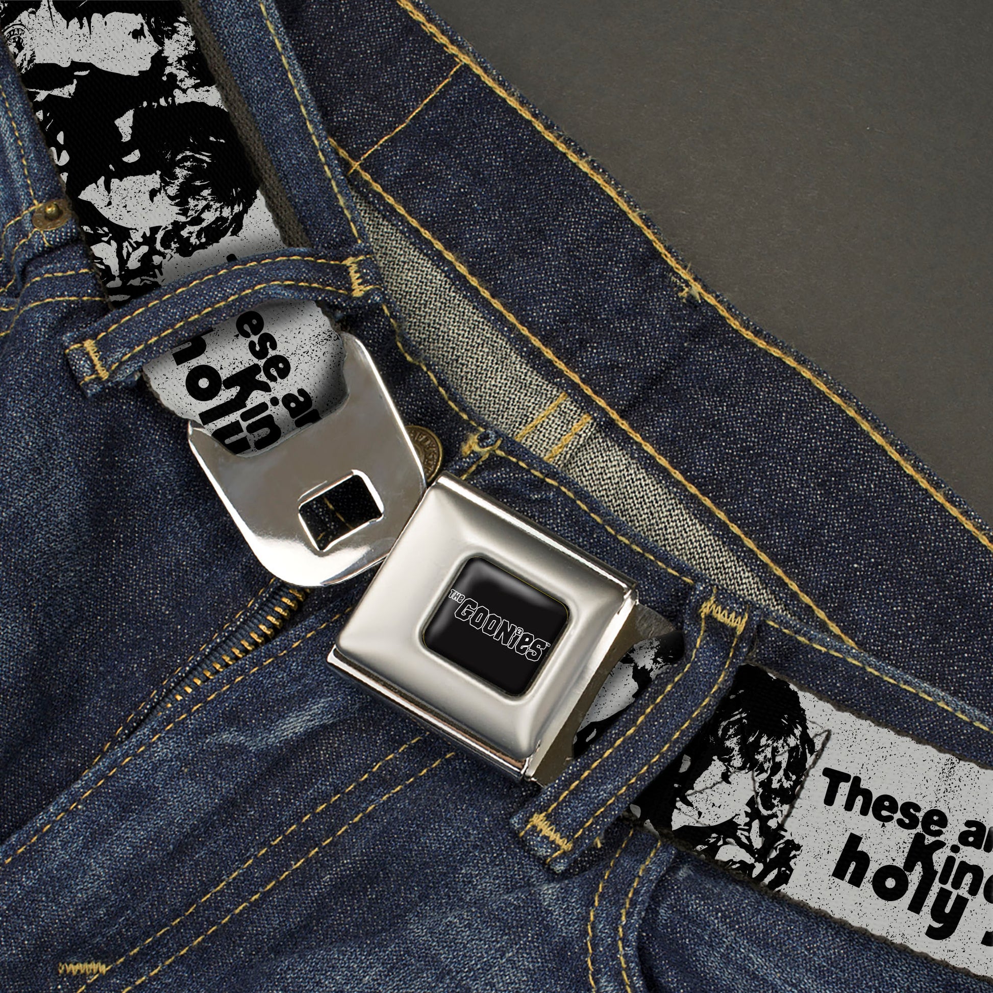 THE GOONIES Title Logo Full Color Black/White Seatbelt Belt - THE GOONIES Quotes and Icons Collage Gray/Black Webbing Seatbelt Belts The Goonies