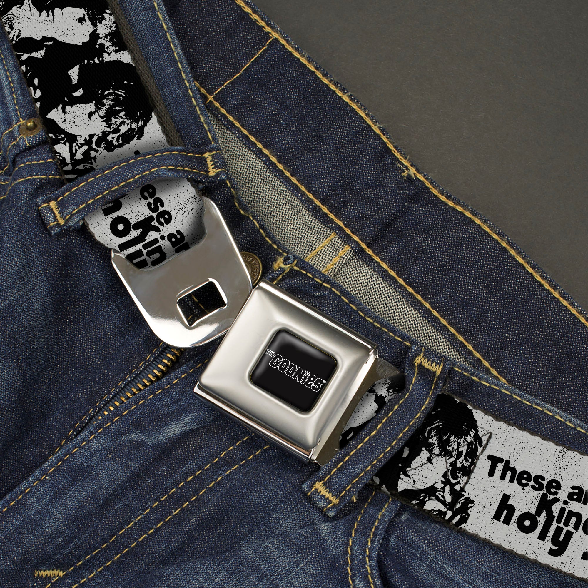 THE GOONIES Title Logo Full Color Black/White Seatbelt Belt - THE GOONIES Quotes and Icons Collage Gray/Black Webbing Seatbelt Belts The Goonies