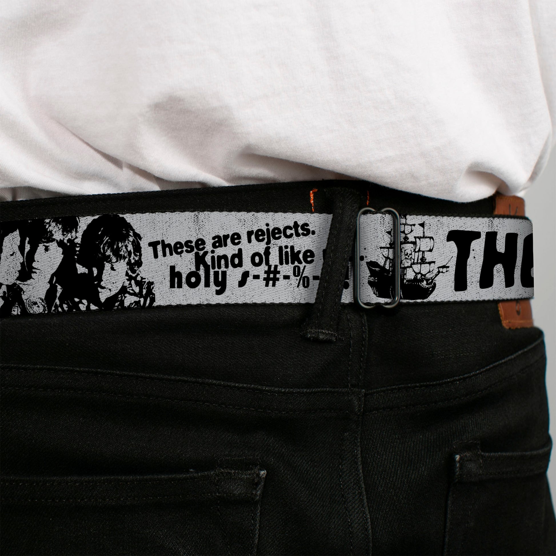 THE GOONIES Title Logo Full Color Black/White Seatbelt Belt - THE GOONIES Quotes and Icons Collage Gray/Black Webbing Seatbelt Belts The Goonies