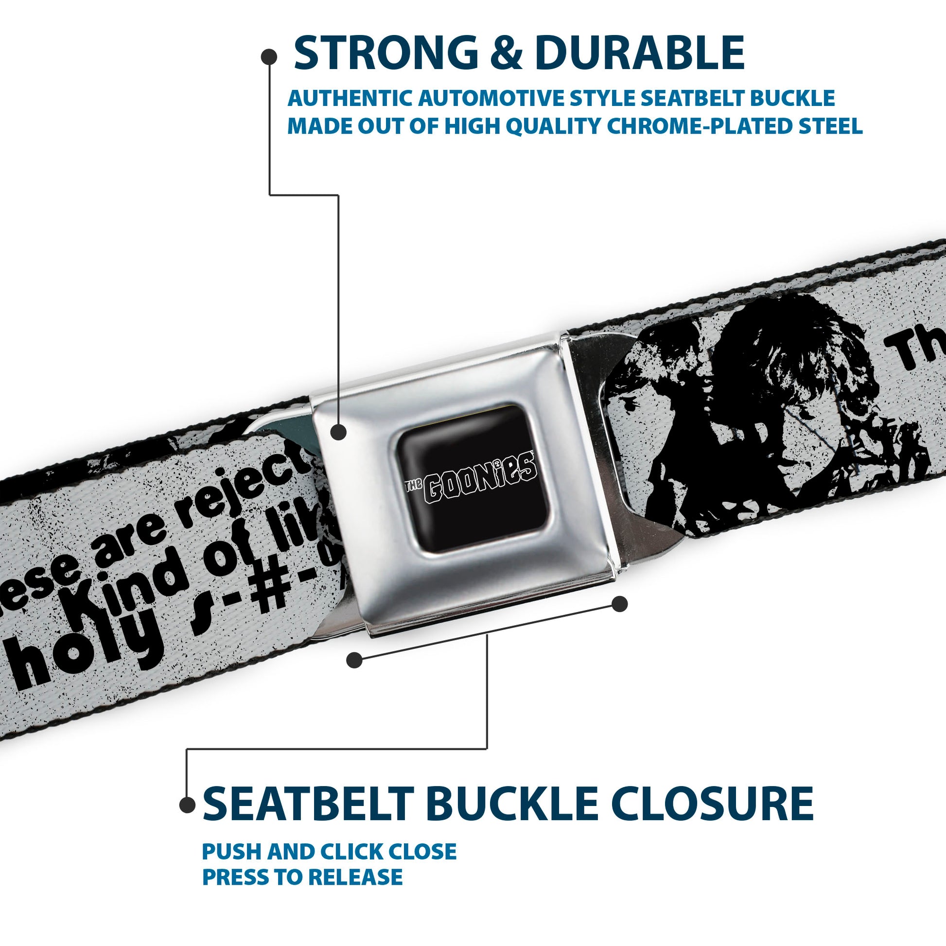 THE GOONIES Title Logo Full Color Black/White Seatbelt Belt - THE GOONIES Quotes and Icons Collage Gray/Black Webbing Seatbelt Belts The Goonies