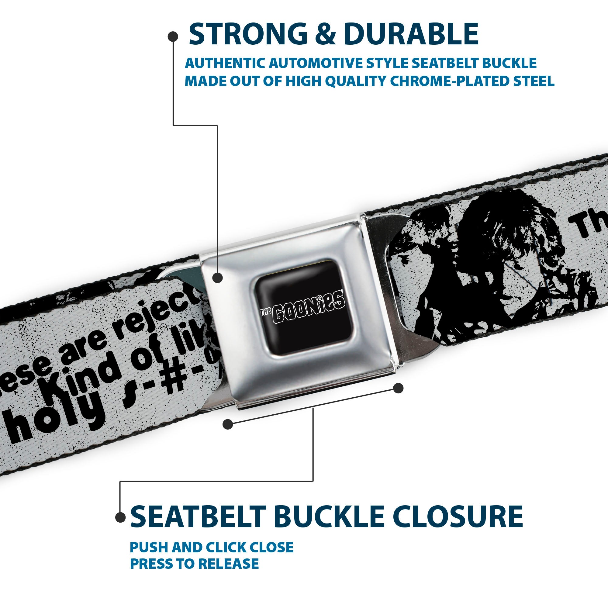 THE GOONIES Title Logo Full Color Black/White Seatbelt Belt - THE GOONIES Quotes and Icons Collage Gray/Black Webbing Seatbelt Belts The Goonies