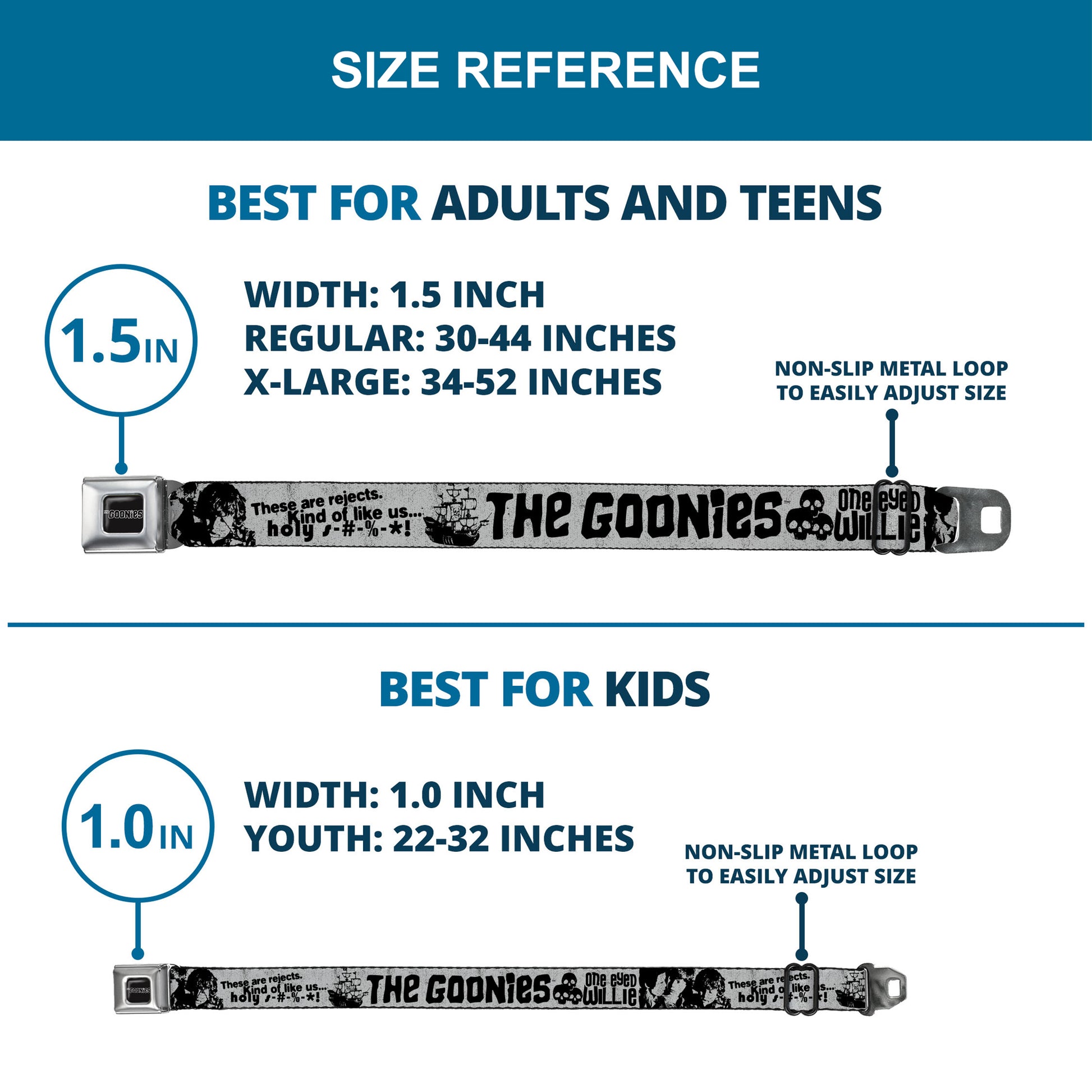 THE GOONIES Title Logo Full Color Black/White Seatbelt Belt - THE GOONIES Quotes and Icons Collage Gray/Black Webbing Seatbelt Belts The Goonies