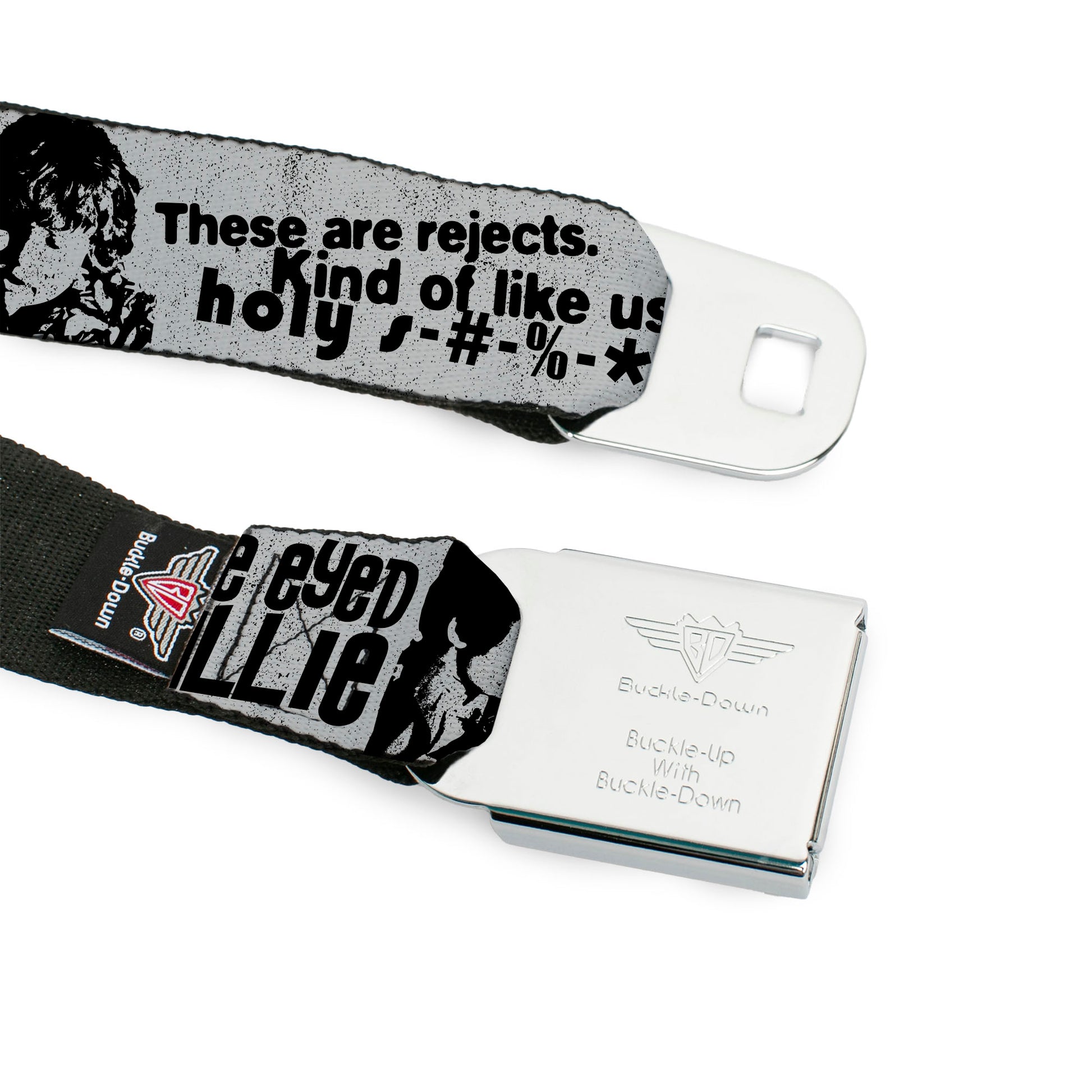 THE GOONIES Title Logo Full Color Black/White Seatbelt Belt - THE GOONIES Quotes and Icons Collage Gray/Black Webbing Seatbelt Belts The Goonies